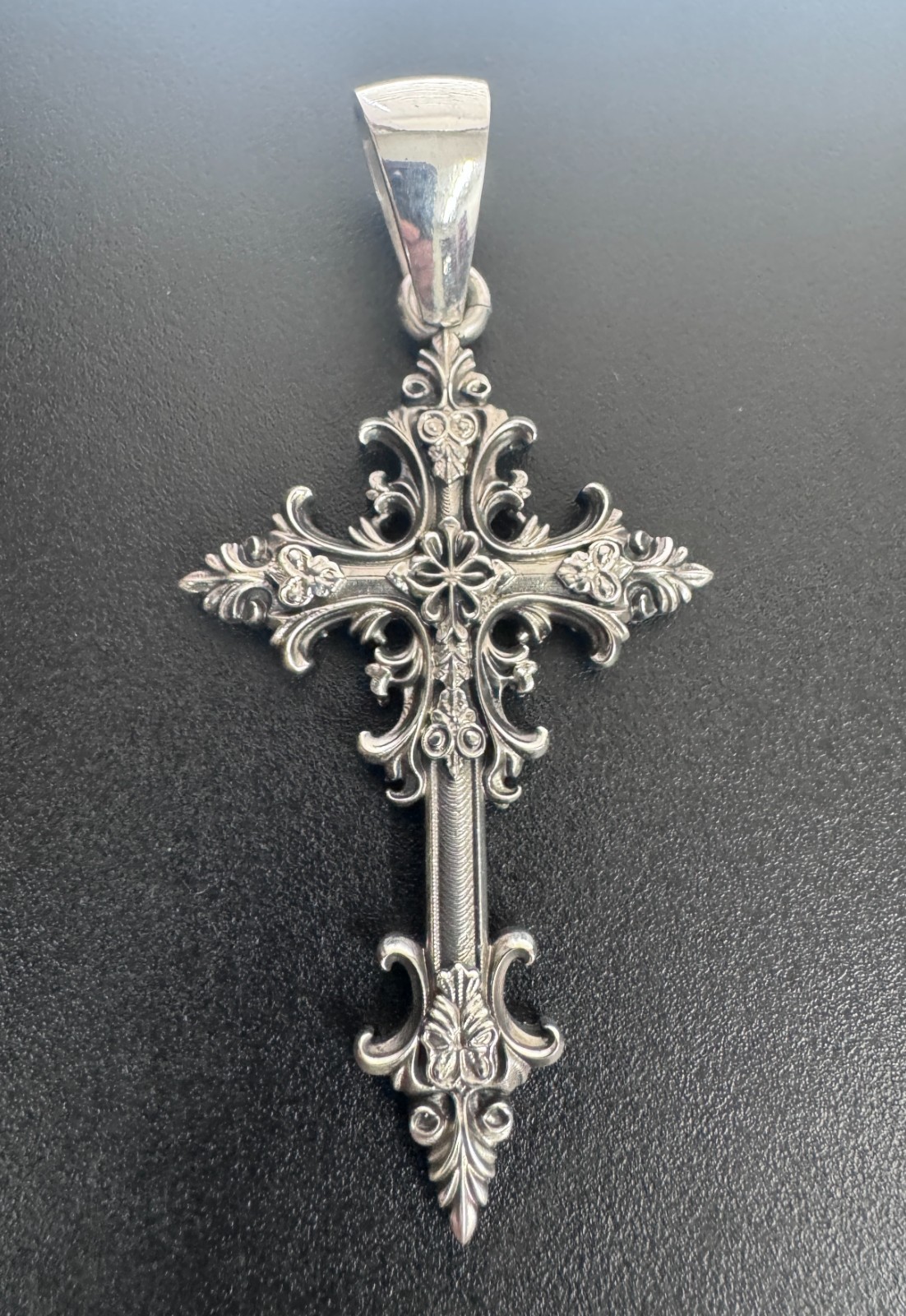 Oxidized Gothic Cross Charm Pendant 2.5″ Polished Solid Sterling Silver .925