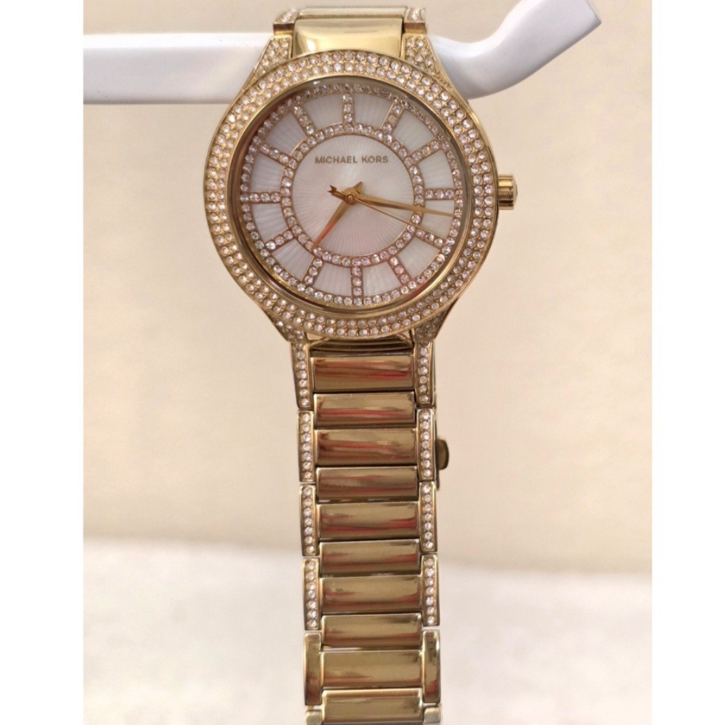 Michael Kors Gold Tone Crystal Pave Mother of Pearl MK Bracelet Watch