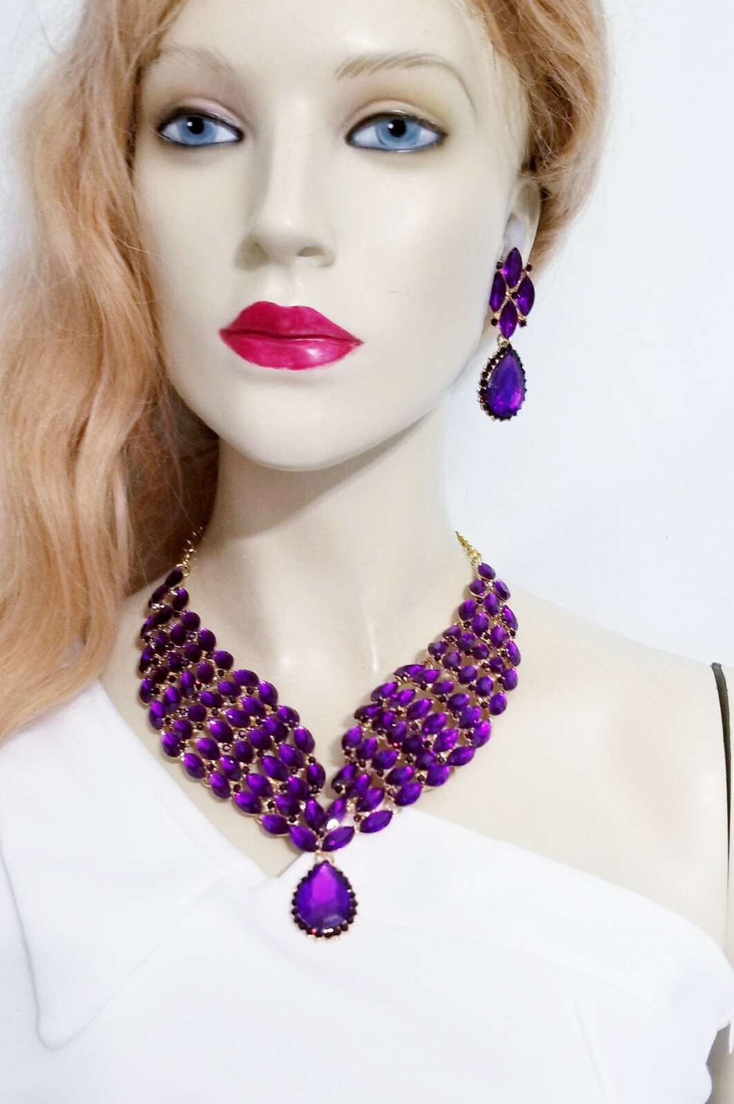 Choker Statement Necklace Earring Set Rhinestone Purple
