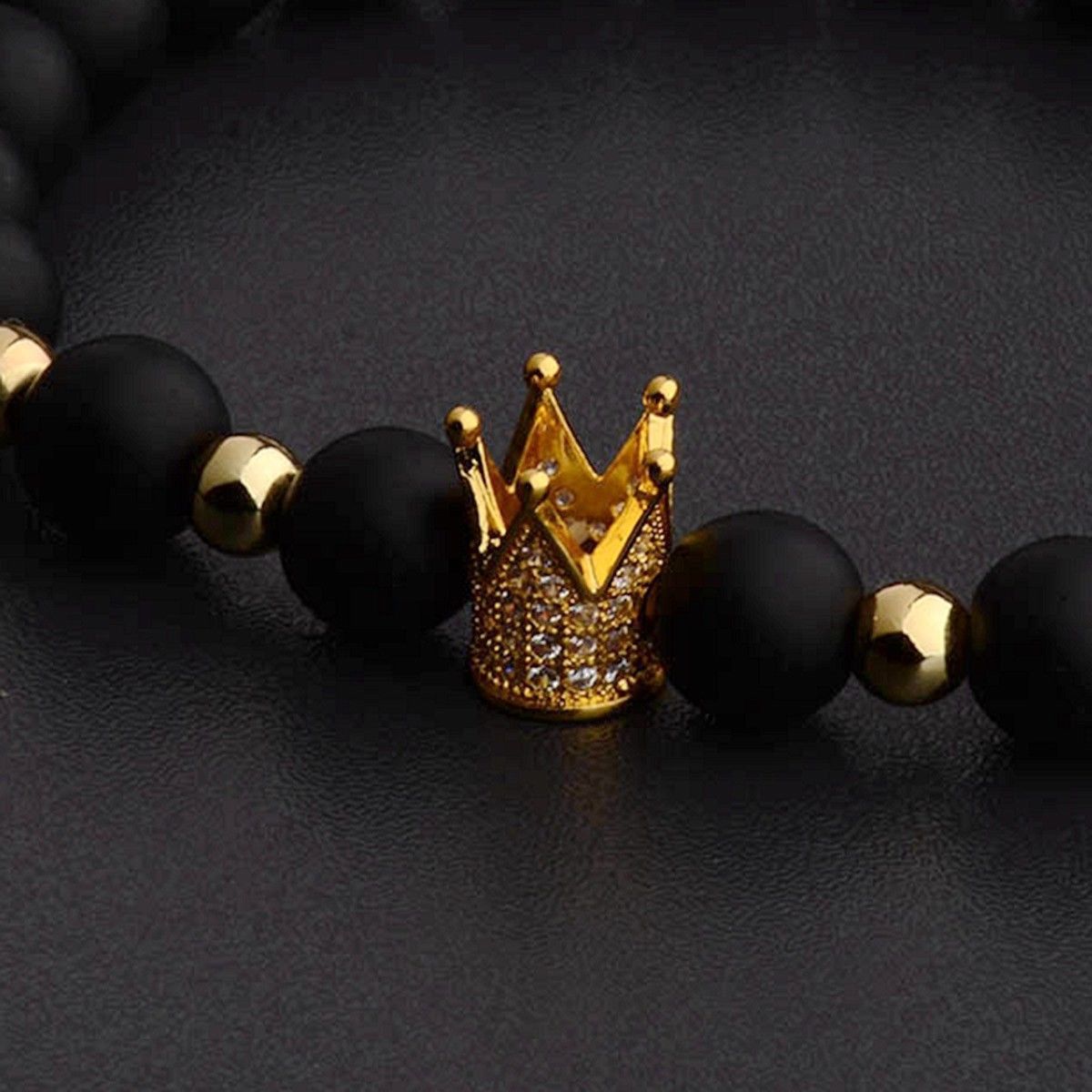 Gorgeous Crown Natural Stone Matte Black Charm Men’s CZ Copper Bead Bracelet
