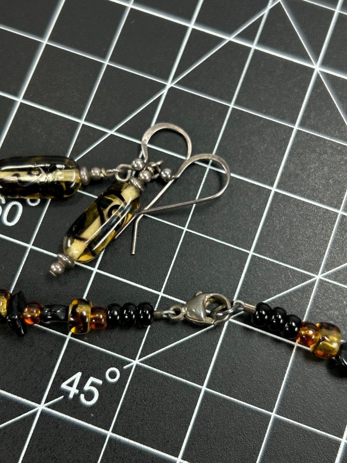 925 Glass Beaded Necklace Earrings Set Swirled Orange Amber Brown Black White