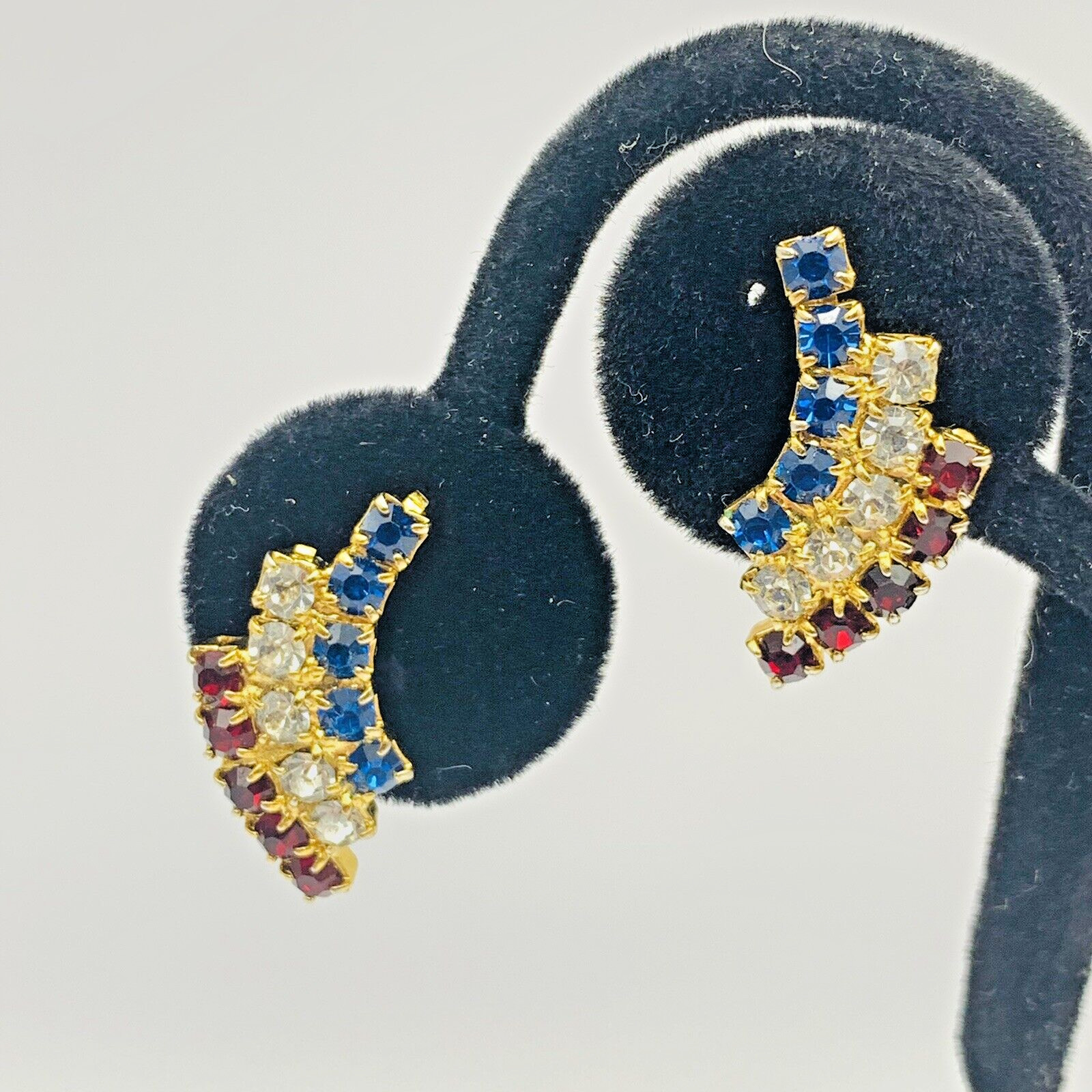 Vintage Patriotic Red White (Clear) Blue Rhinestone Clip On Earrings Gold Tone