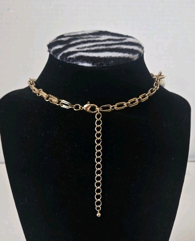 Gold Tone Faux Glass Pearl & Acrylic Crystal Beads Multi Strand Collar Necklace