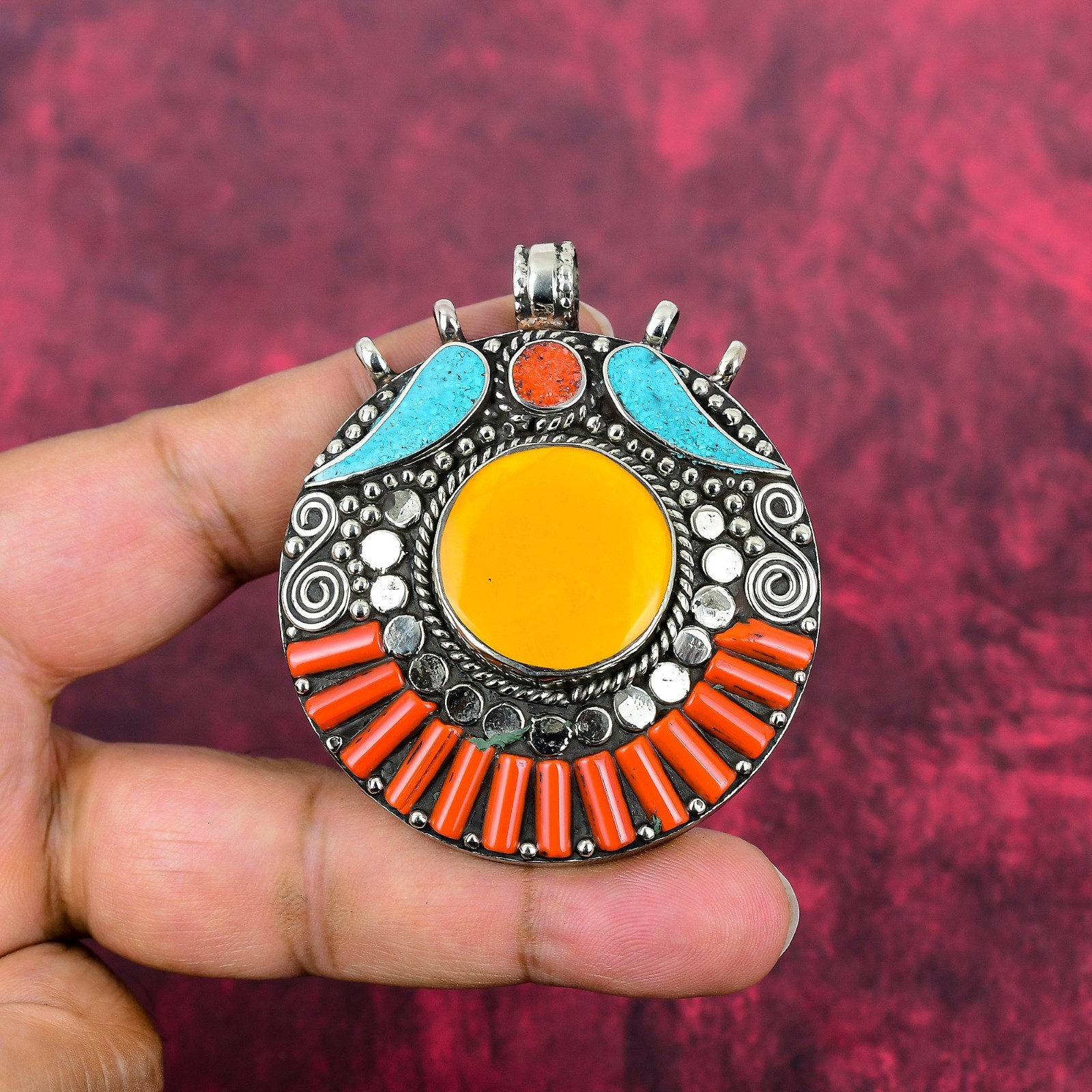 Turquoise, Coral Gemstone Handmade 925 Sterling Silver Jewelry Pendant Gifts