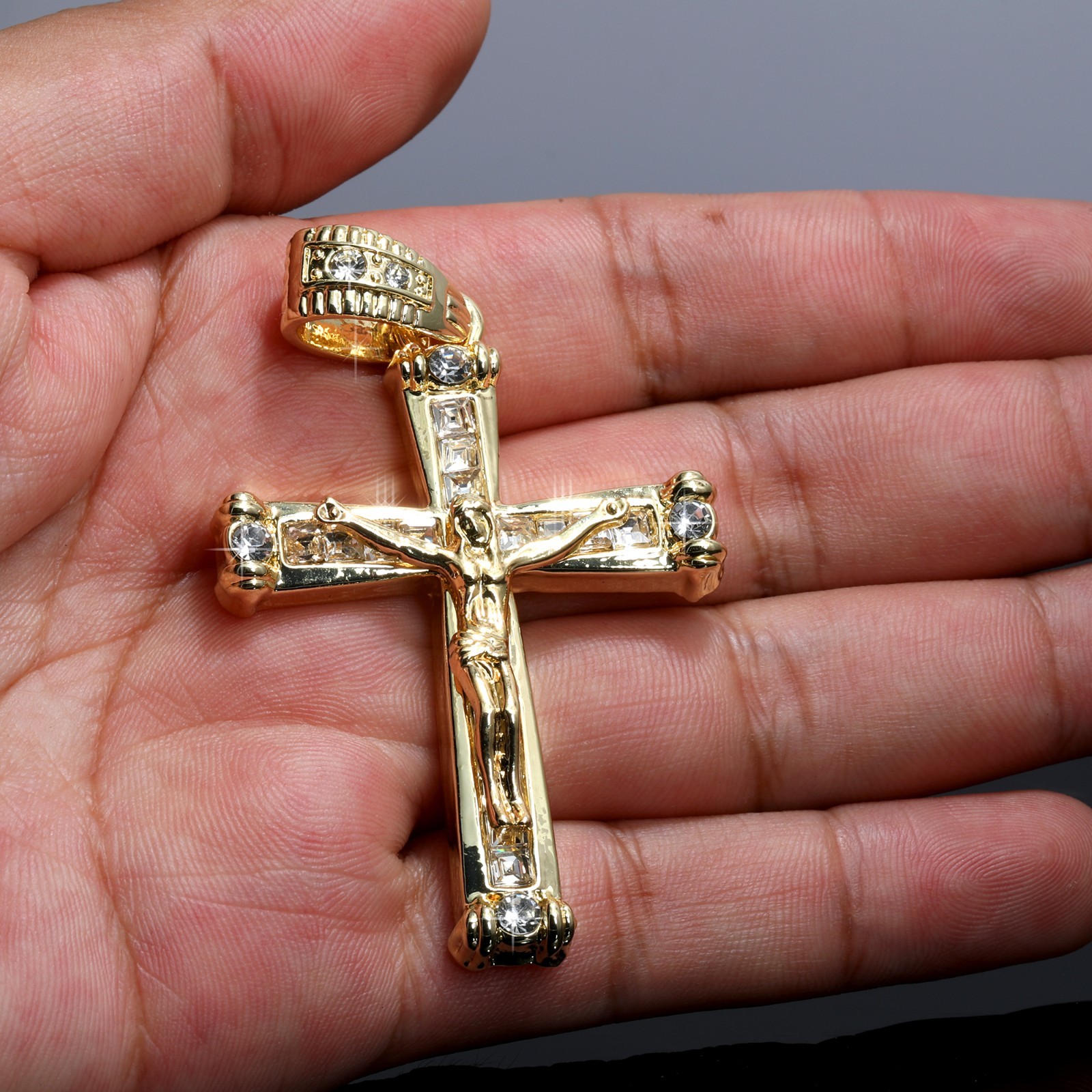 Iced Latin Jesus Cross Pendant Cubic Zirconia 14k Gold Plated Rope Chain For Men