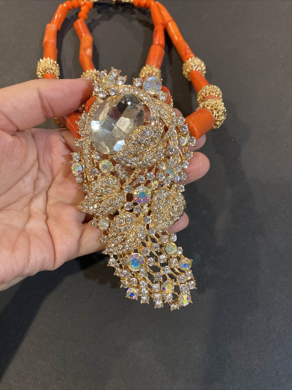Gorgeous GOLD TONE Genuine Coral Rhinstones Two Strands Necklace Bracelet Set