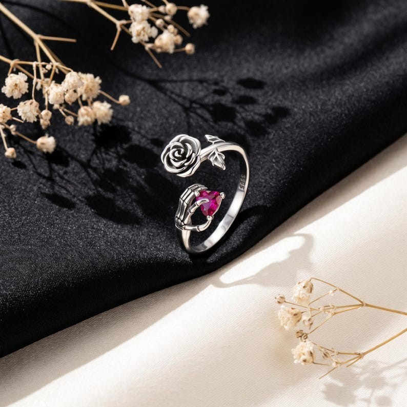 925 Sterling Silver Skeleton Hand Rose Ring Ruby CZ Adjustable Open Band New