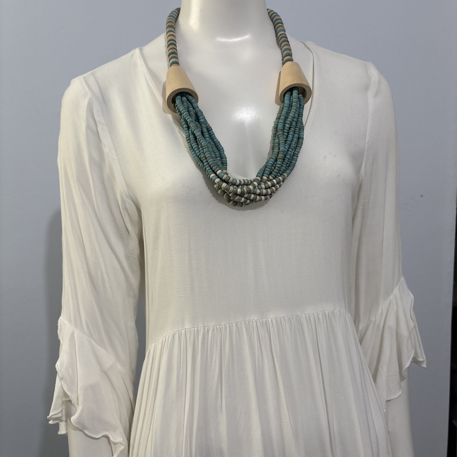Vintage Exotic Boho Tribal Blue Beige Wood Beads Statement Necklace 26”