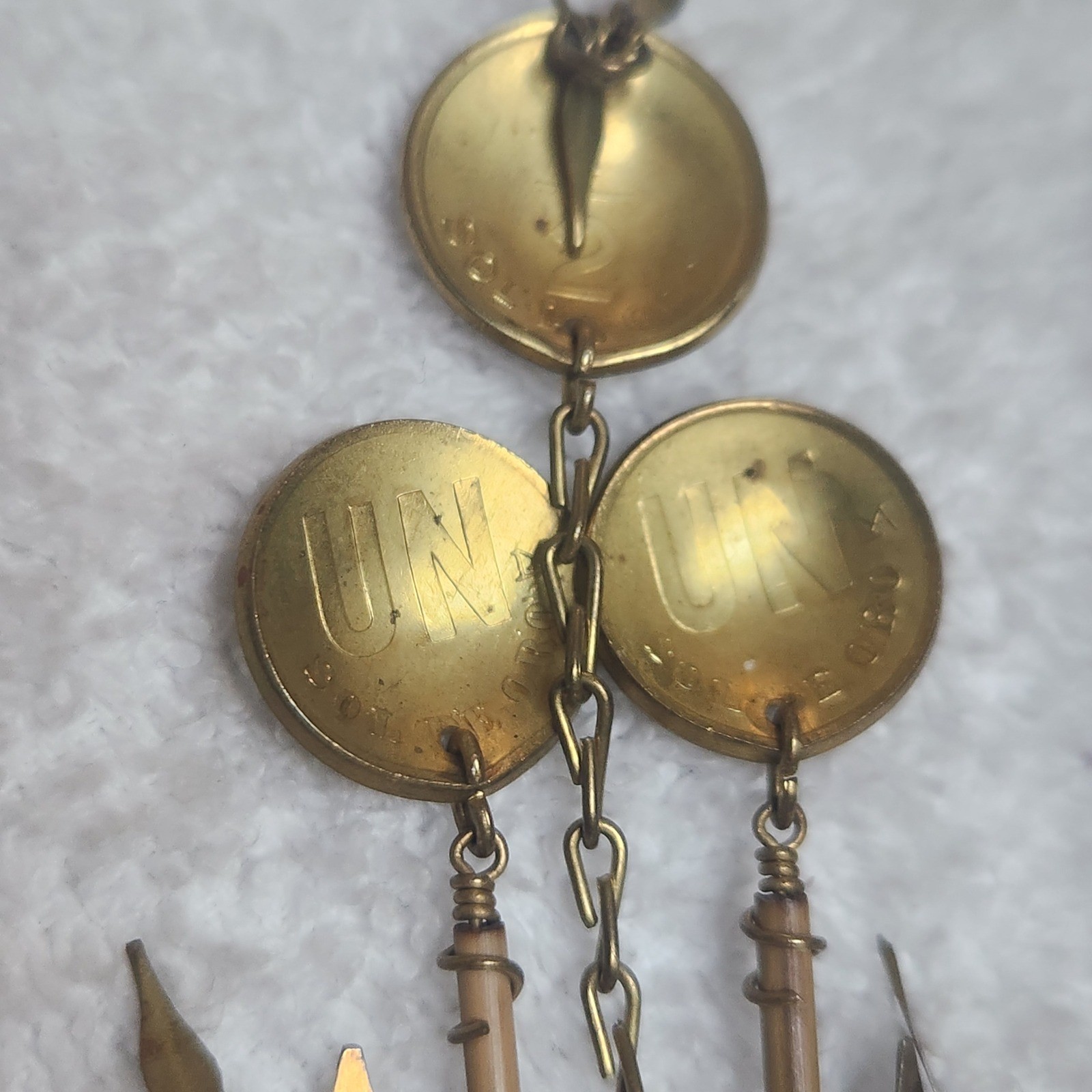 Vintage Peruvian Coin Brooch Brass Folk Art Sol De Oro Dangle Pin Peru Jewelry