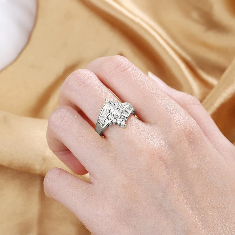 Stainless Steel Ring Marquise Cut Crystal Two Row Wedding Band Women Jewelry
