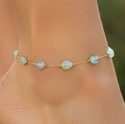 Boho Handmade Gold Color Plated Brass Anklet with Blue Tourmaline Color Stones