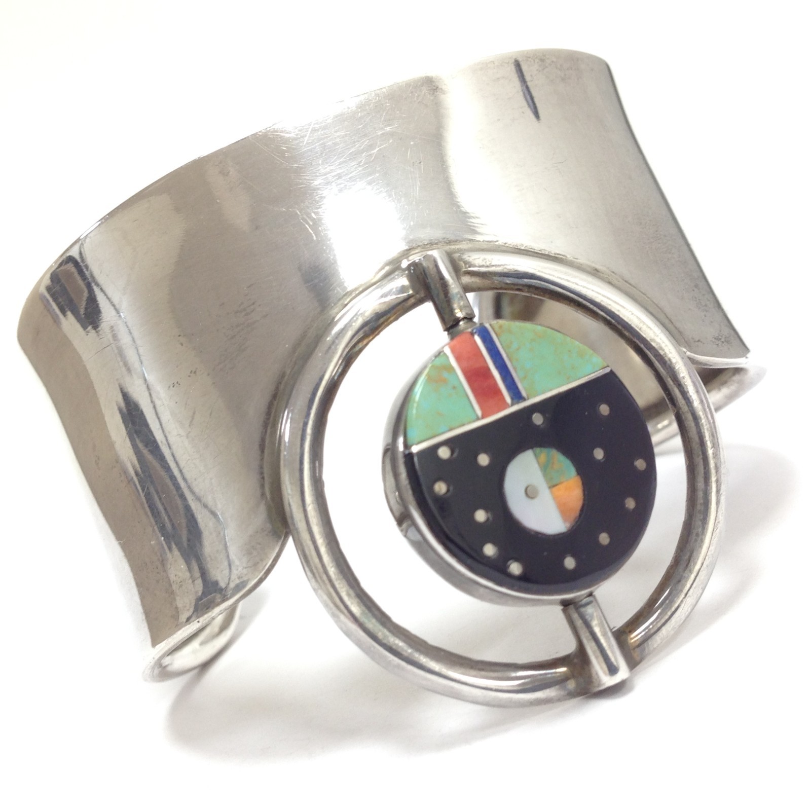 F.J. Henry Signed Storyteller Multi Stone Inlay & Kokopelli Spinner Wide Cuff