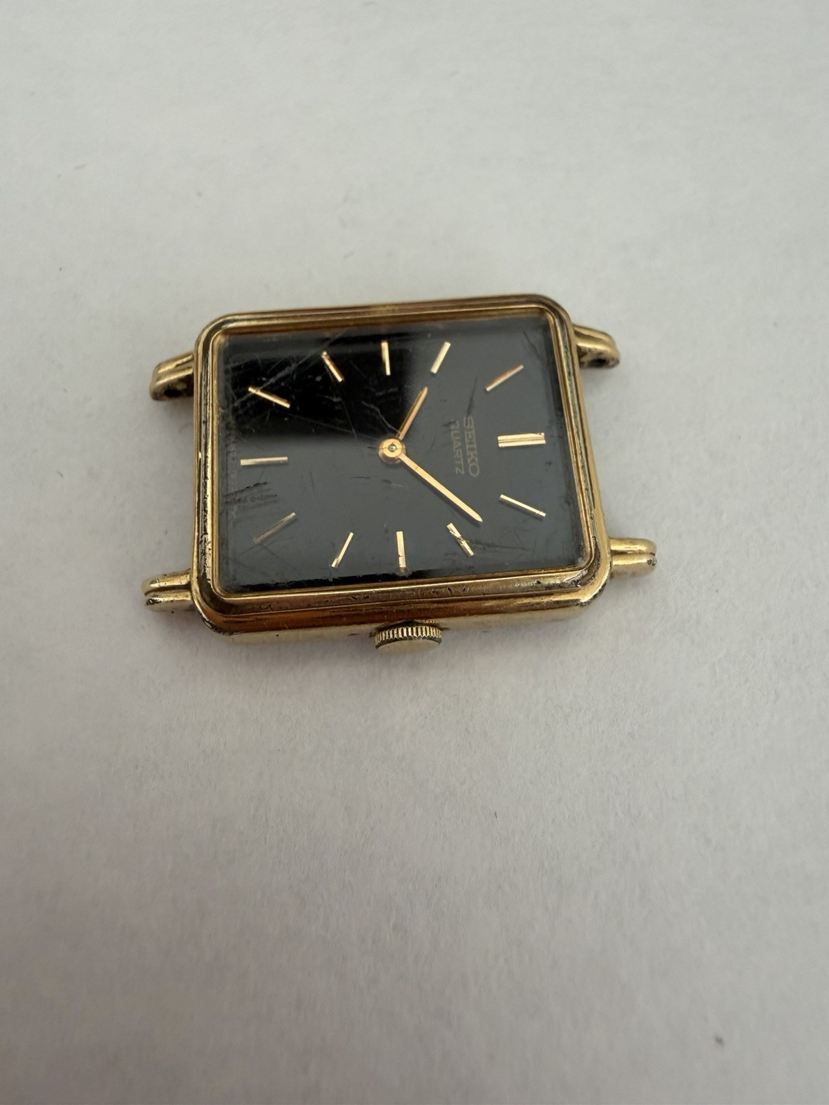 Seiko Quartz Gold Tone Rectangle Analog Dress Watch Head Only Black Dial
