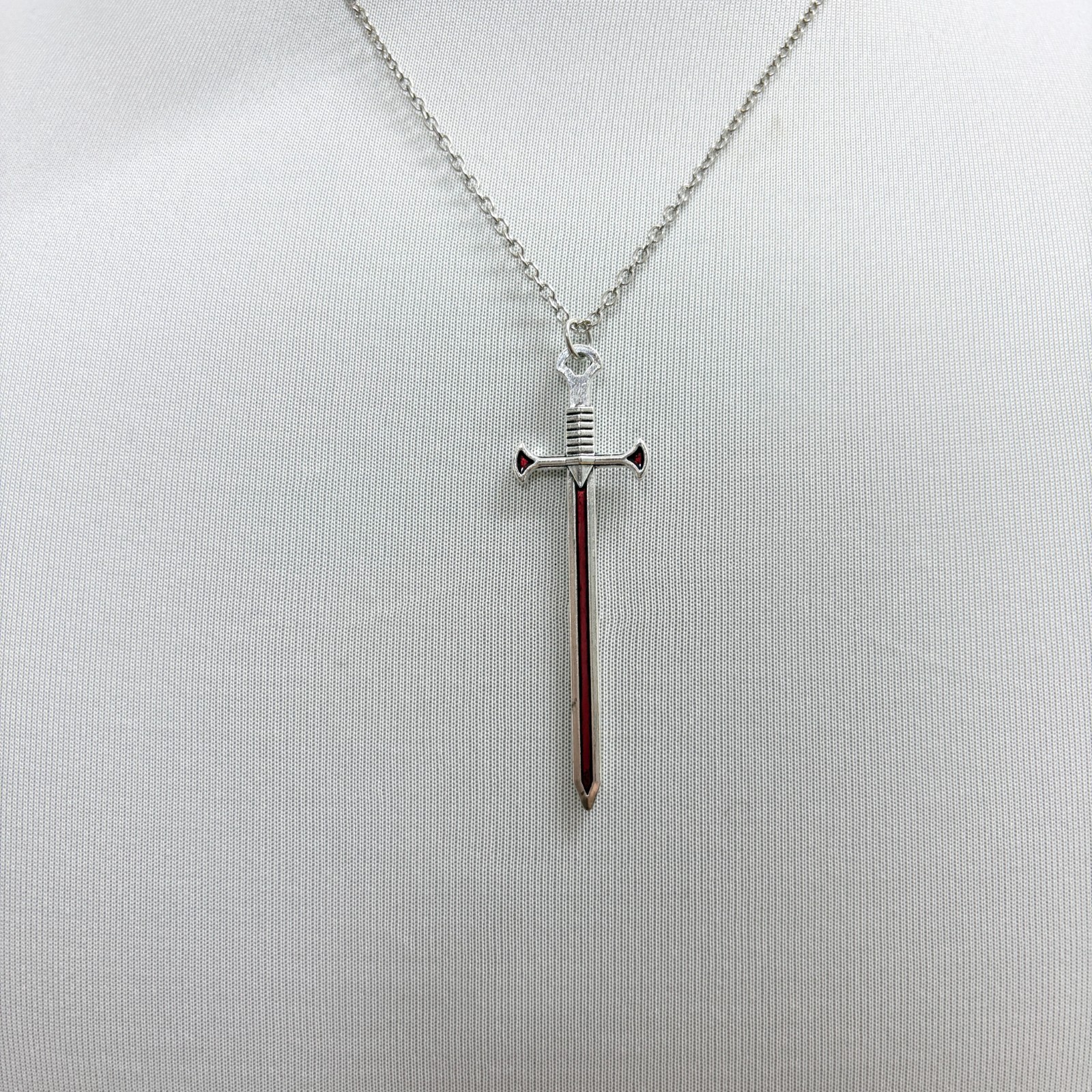 Silver Red Inlay Sword Pendant Rope Chain Necklace