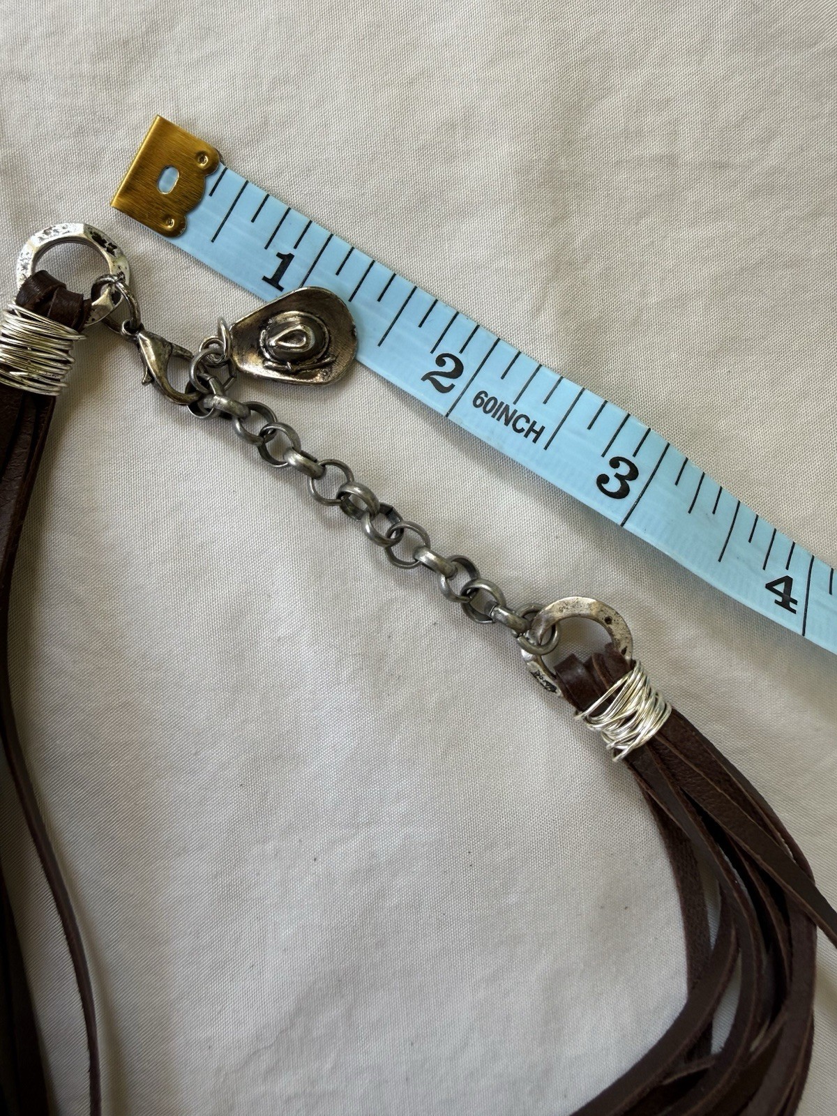 Brown Leather Fringe statement Concho Necklace Silver tone Adj 24”