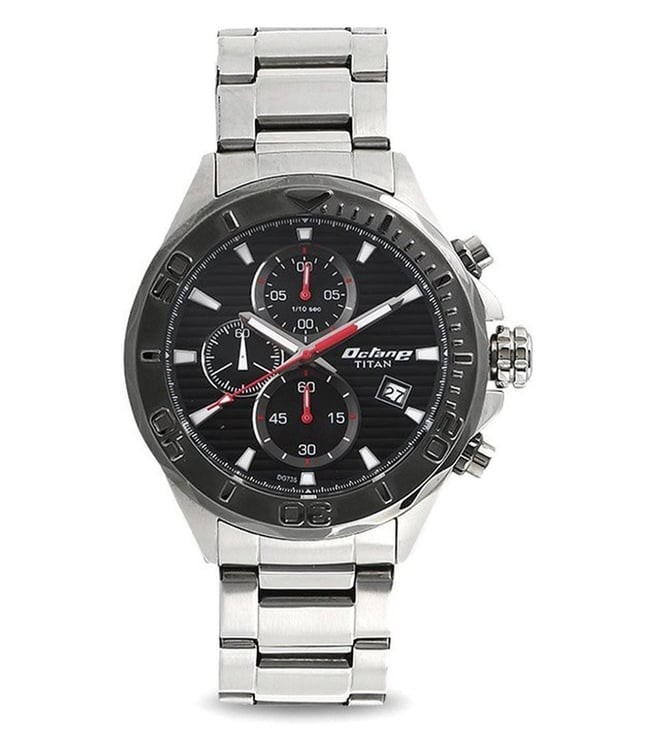 Titan Octane Chronograph NR90087KM02 Black Dial Silver Steel Mens Watch New