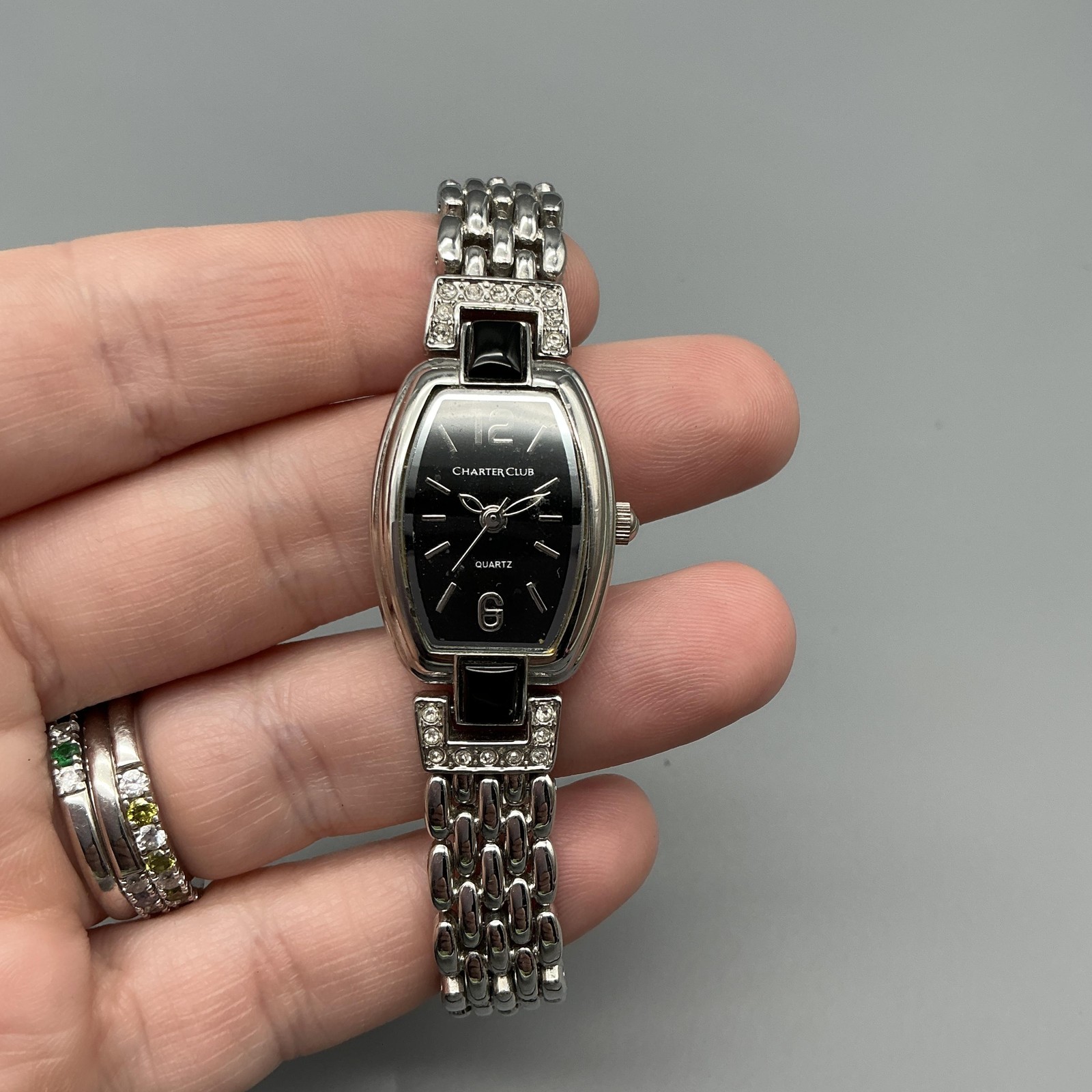 Charter Club Womens Watch 20mm Black Dial Silver Tone Bracelet New Battery 7.25″