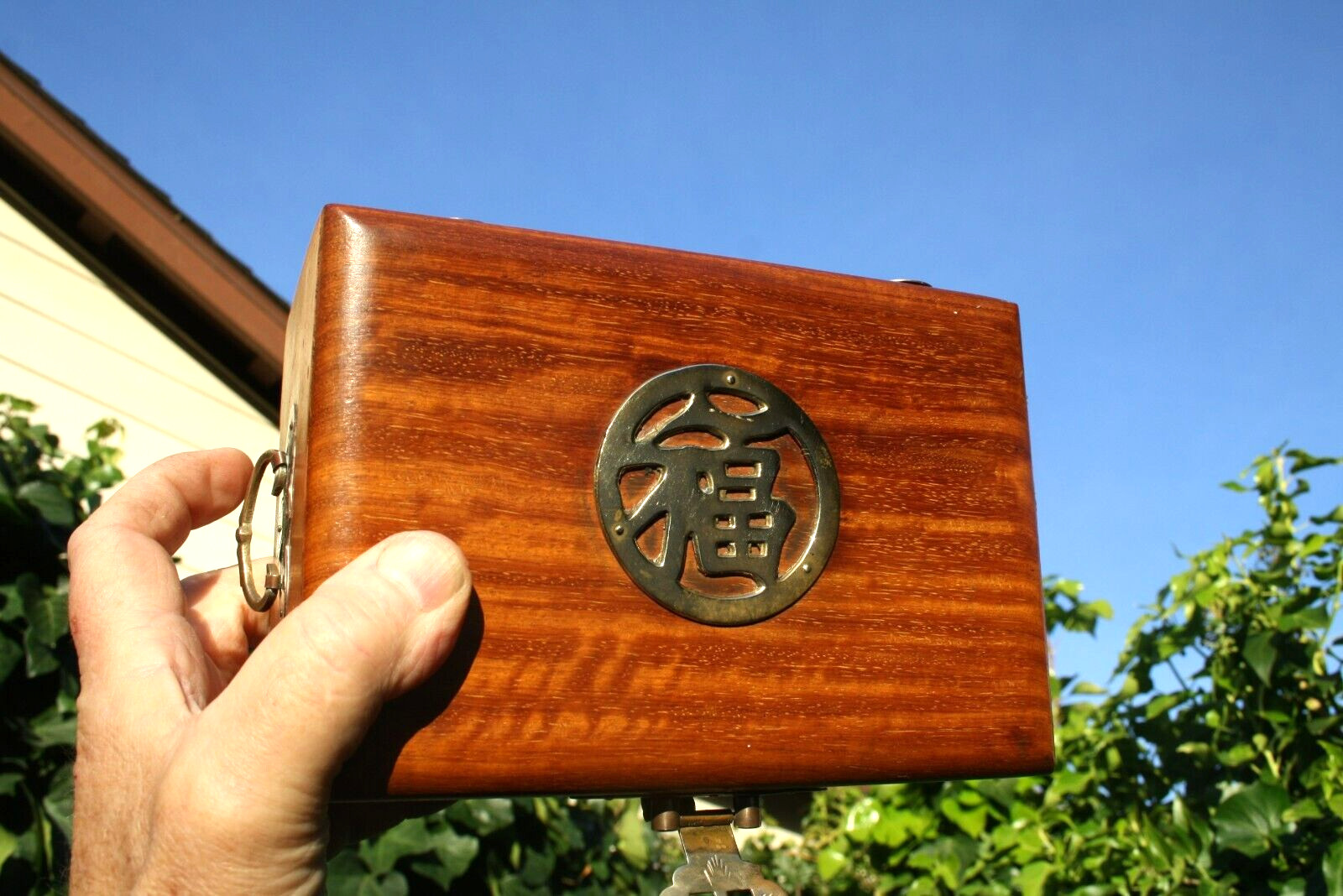 Vintage Chinese Wood & Brass Jewelry Box with Gold Silk Lining Dovetailed