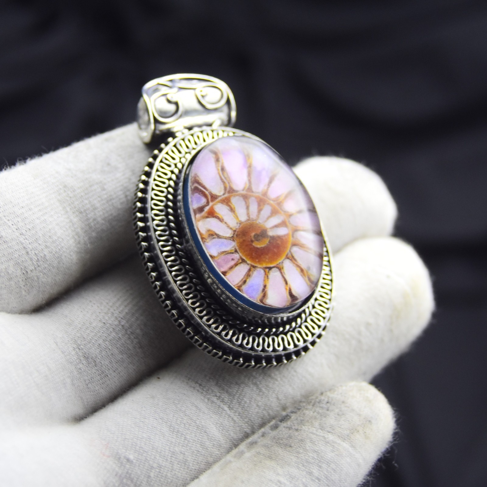925 Sterling Silver Ammonite Fossil Gemstone Pendant Handmade Jewelry Size-1.75″