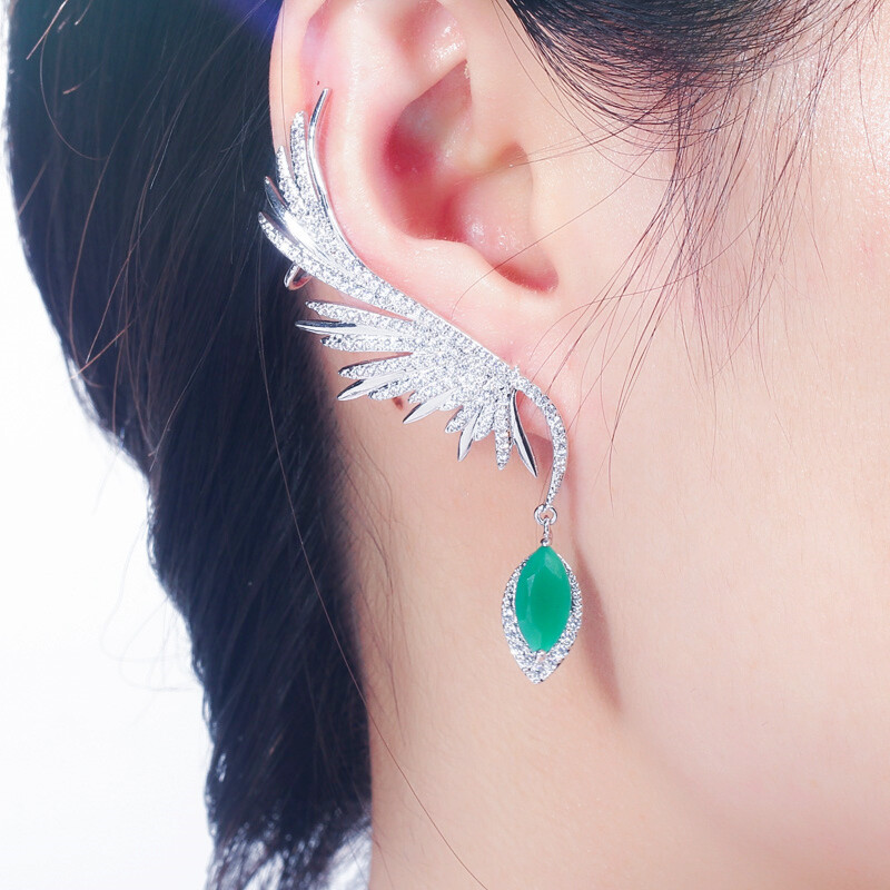 Women Silver Plated Cubic Zircon Dangle Drop Long Feather Wing Ear Cuff Earrings