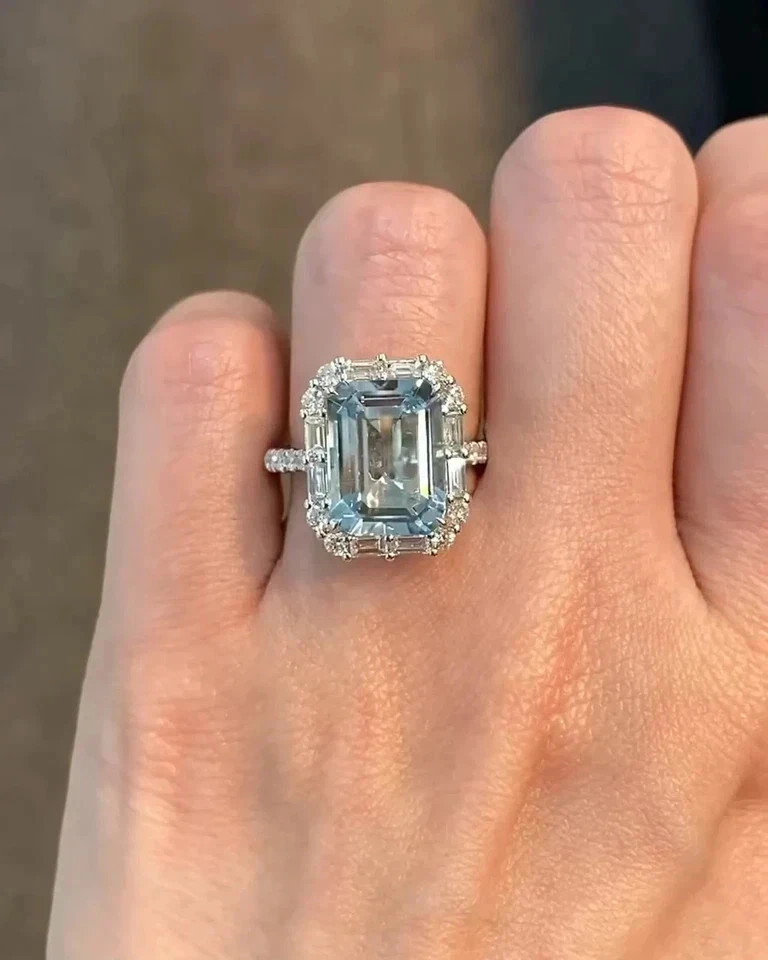 5.80 Ct Emerald Cut Natural Aquamarine Diamond Wedding Ring 14K White Gold 6 7 8