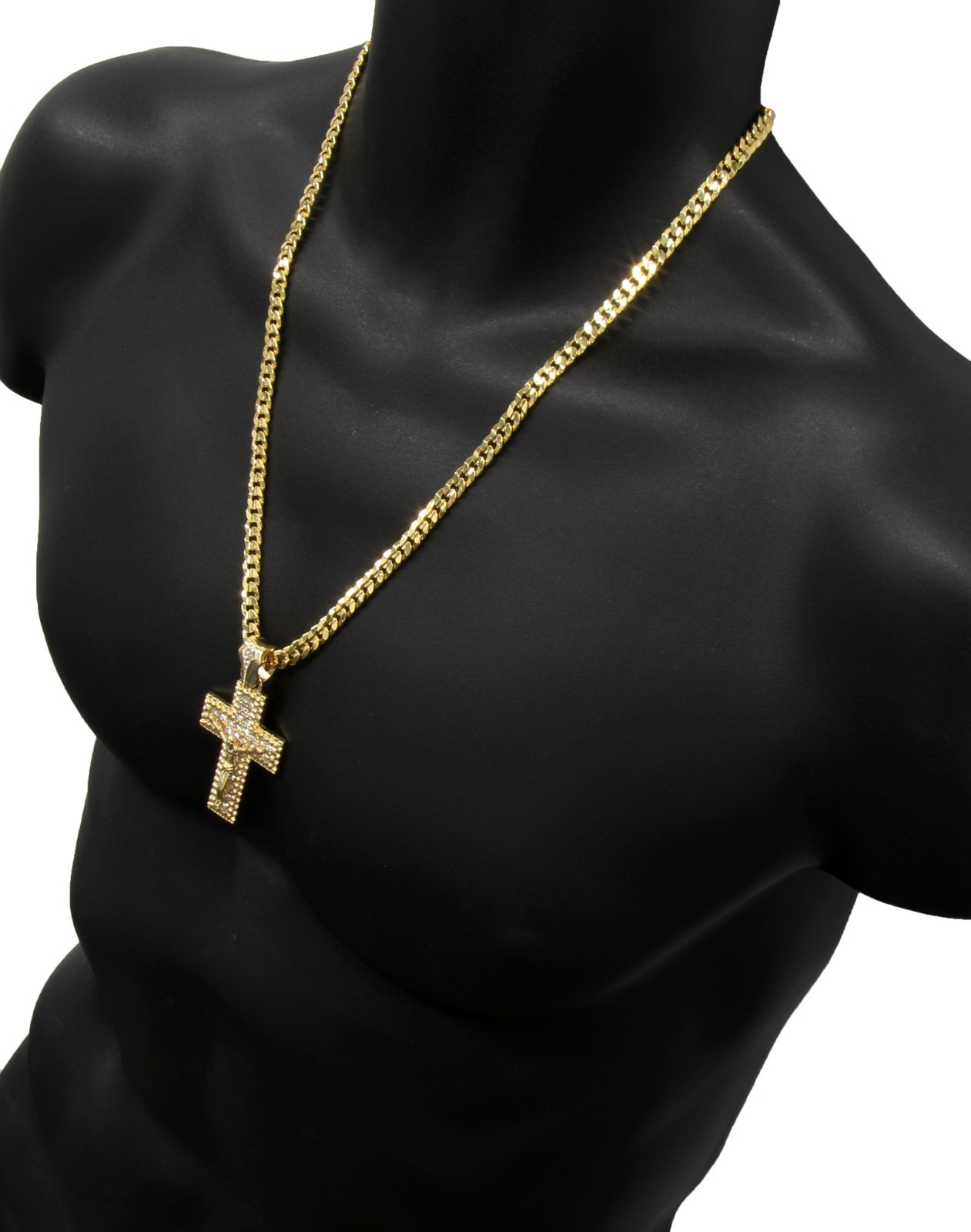 14k Gold Plated Jesus Cross Pendant Cubic Zirconia Hip-Hop 24″ Cuban Chain M1