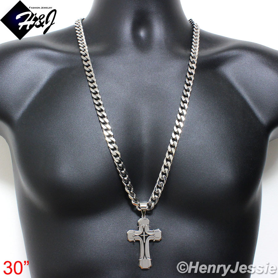 18-40″MEN Stainless Steel 9mm Silver Chain Bracelet Black Plated Cross Pendant*H