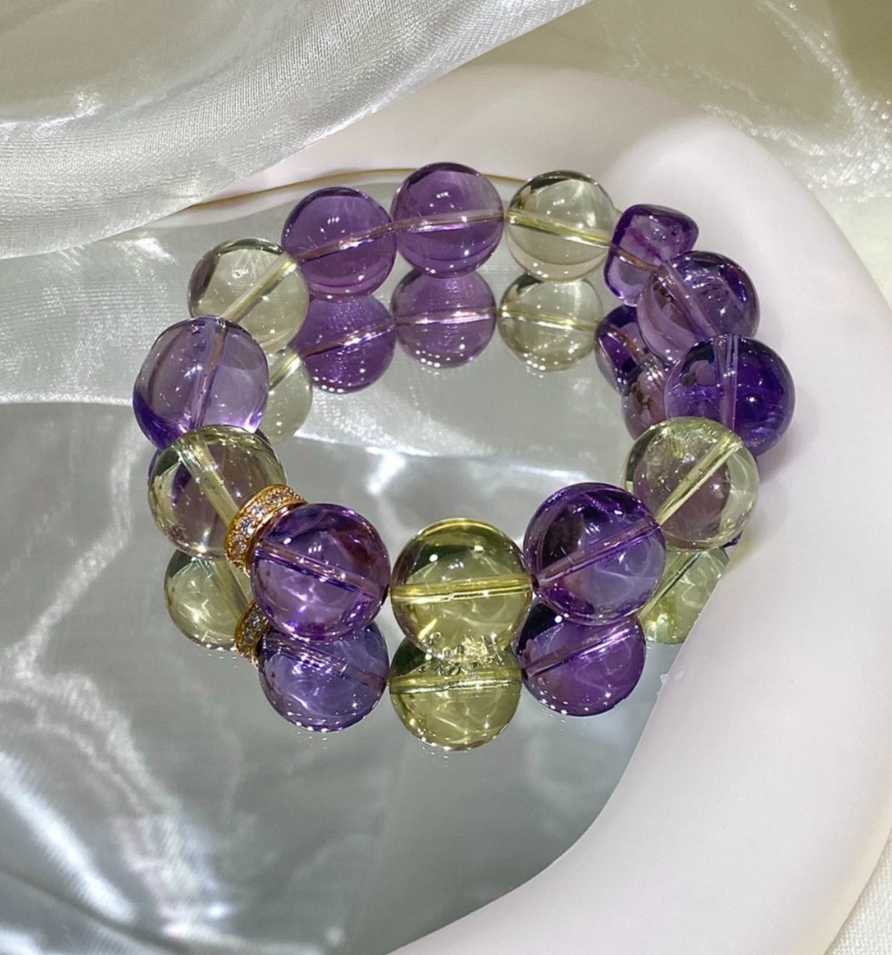 LUSA FEELA Natural Amethyst Citrine Crystal Beaded Stretch Bracelet Gift Box