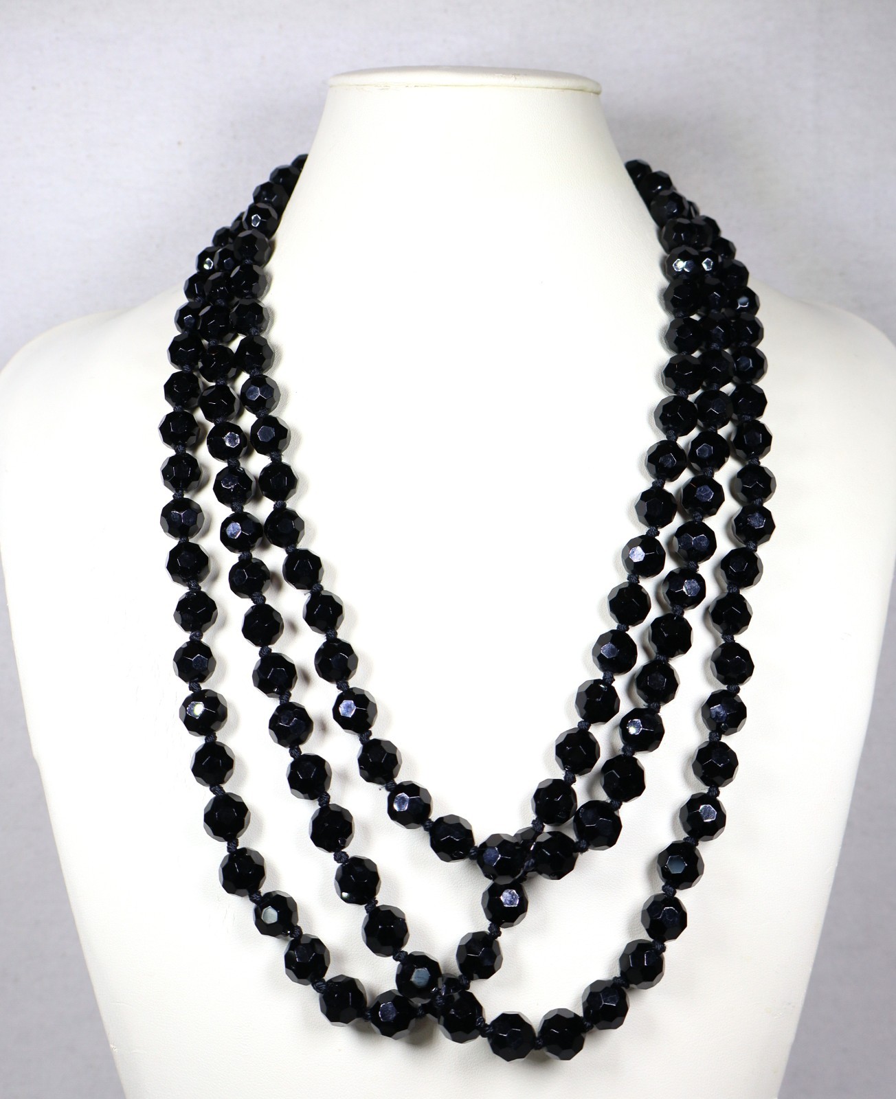 Vintage Art Deco French Jet Necklace 74″ Inch Length Faceted Black Beads