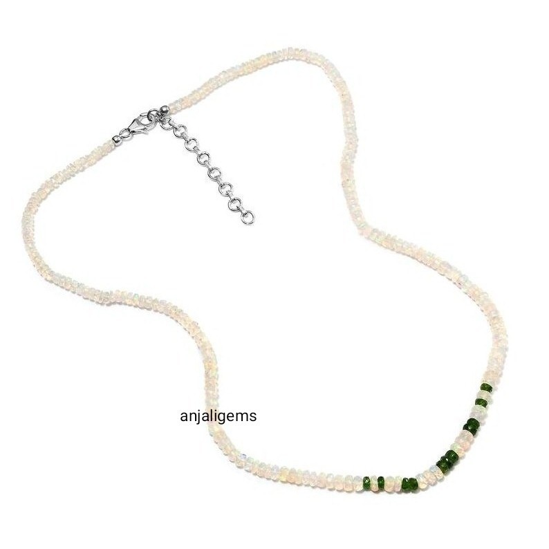 AA+ Natural Ethiopian Opal And Emerald Gemstone Beads Necklace With 925 Silver A