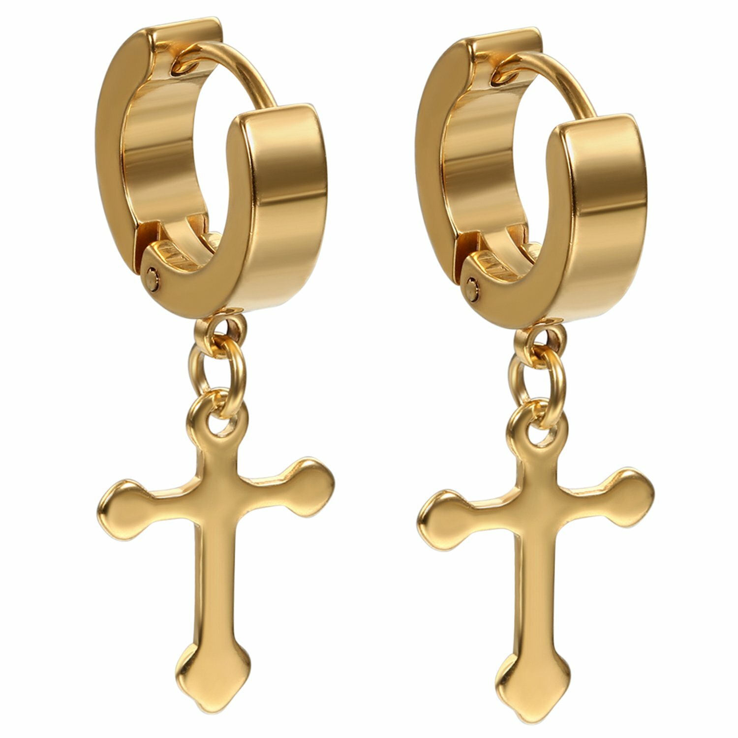 2pcs Men Women Stainless Steel Cross Dangle Hoop Huggie Hinged Stud Earrings Ear