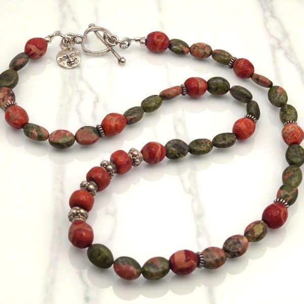 Artisan Crafted Genuine Unakite Coral and 925 Sterling Silver Necklace Handmade