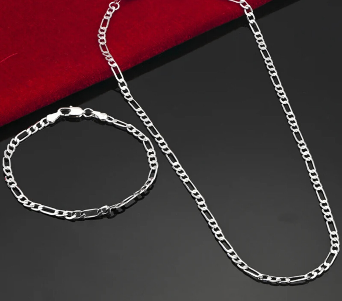 Women’s 925 Sterling Silver 4mm Wide Classic Chain Link Necklace & Bracelet Set
