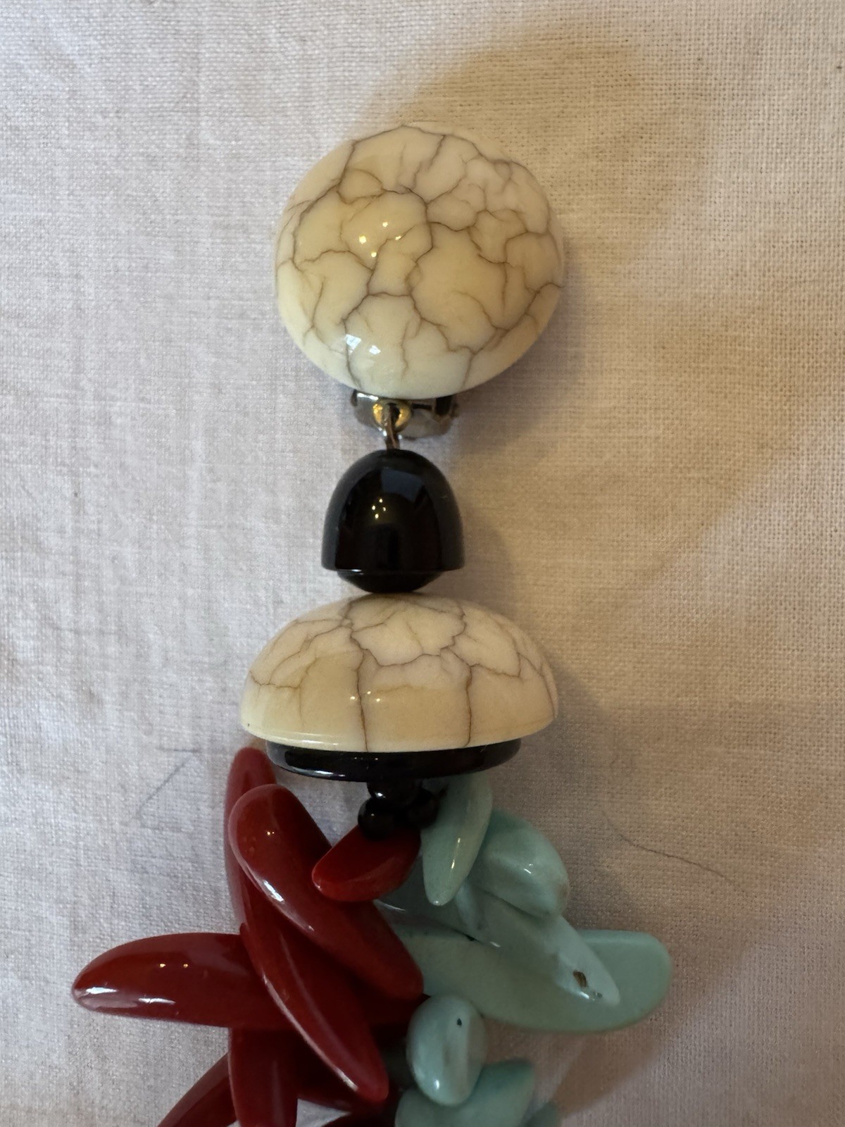 Angela Caputi long earrings ivory black dark red turquoise beads clip Italy