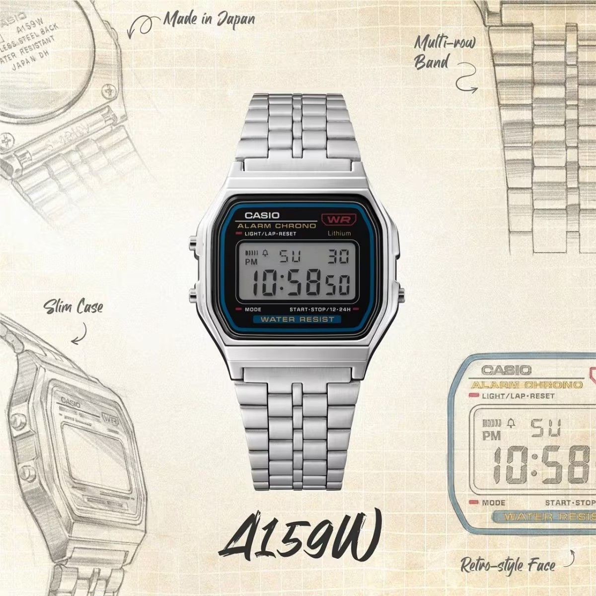 Brand New CASIO Vintage A159WA-N1JH Digital Watch MADE IN JAPAN Stainless Steel