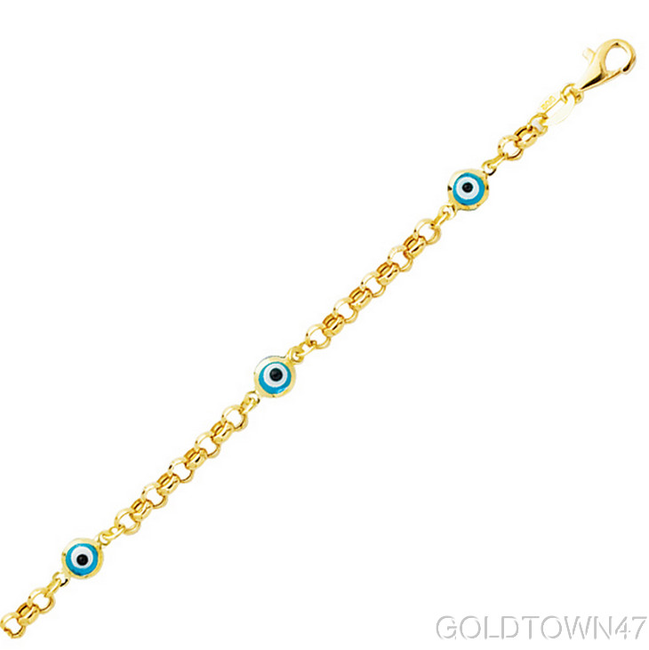 14kt Yellow Gold Shiny Rolo Link Chain+Station Evil Eye Baby Bracelet