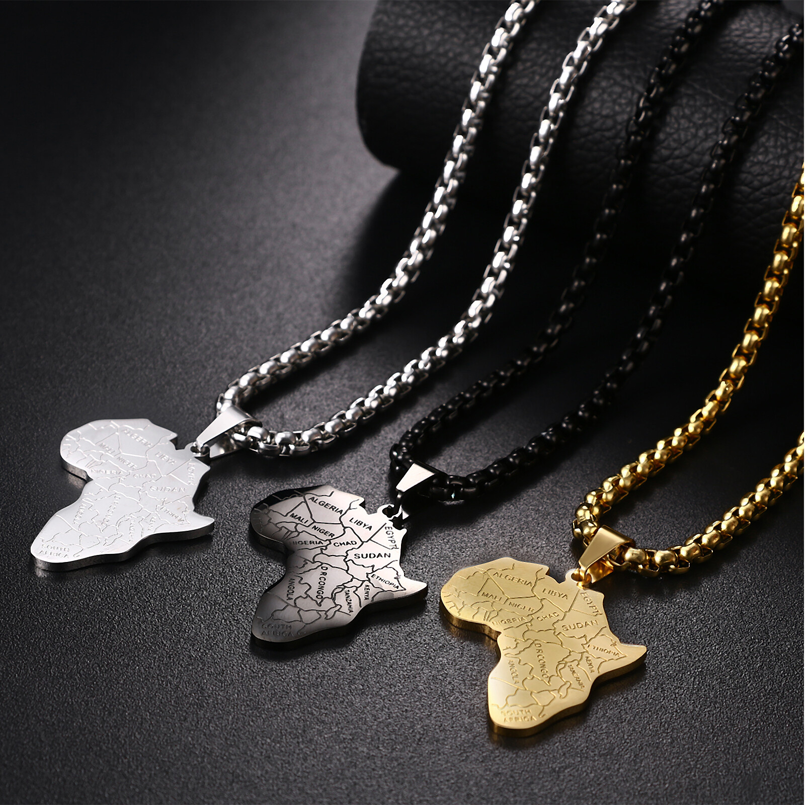 Africa Continent Map Pendant Necklace for Men Women Stainless Steel Box Chain