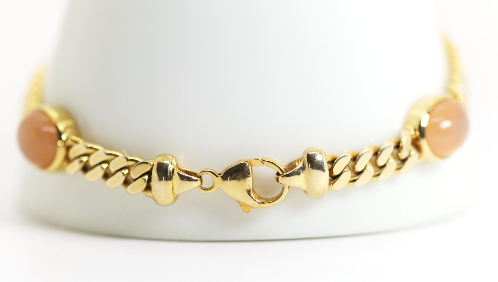 Flat Curb Link Bracelet Yellow Gold Rose Quartz Cabochon 14kt – 585, L: 20cm