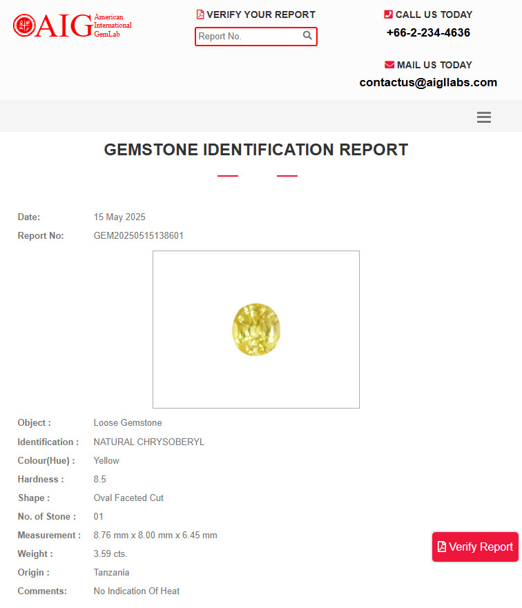 AIG CERTIFIED 3.59ct 100%Natural Earth-Mined NO-HEAT!! Yellow CHRYSOBERYL Oval