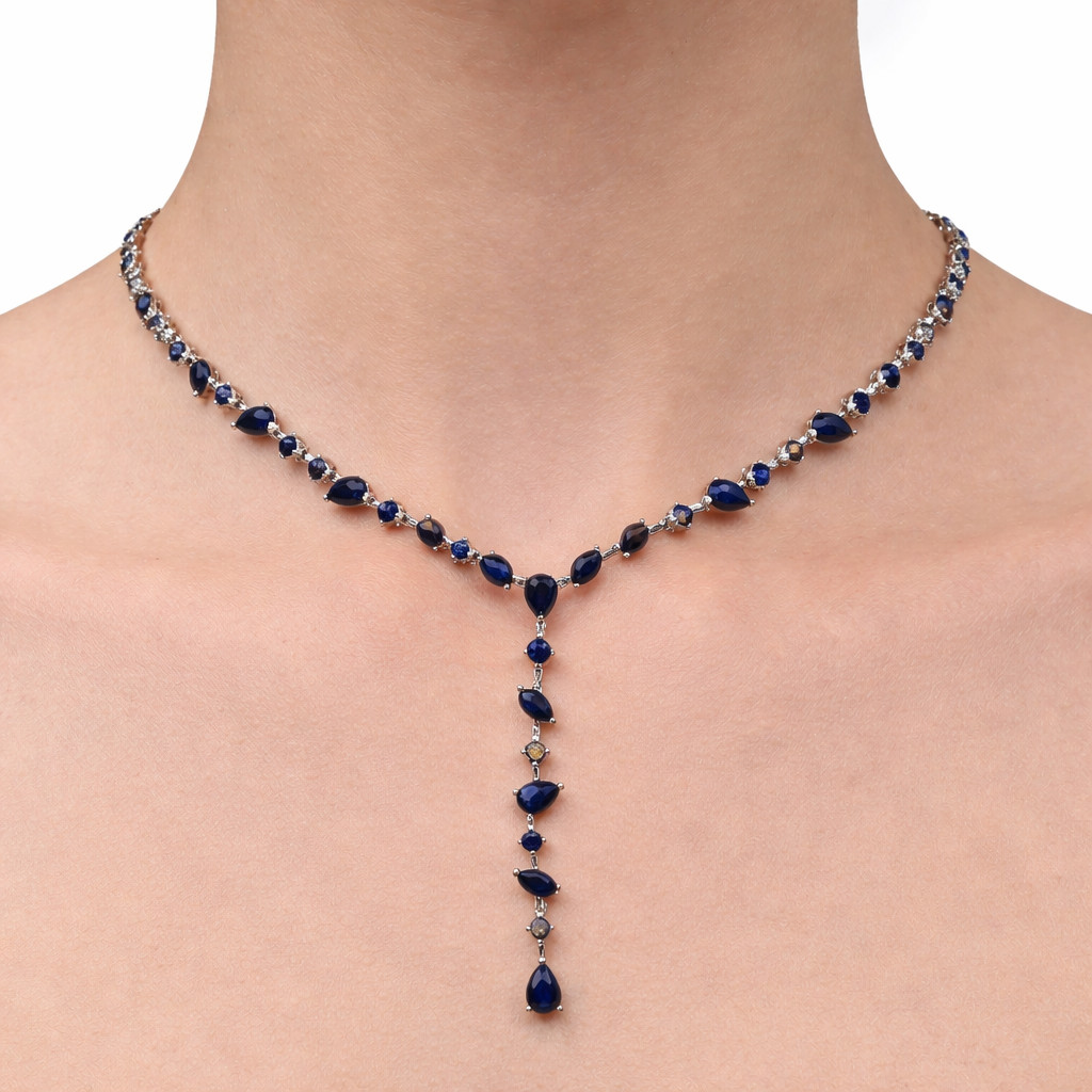 Thai Handmade 4 x 6 mm. Blue Sapphire White Zircon Necklace 17.0 In.