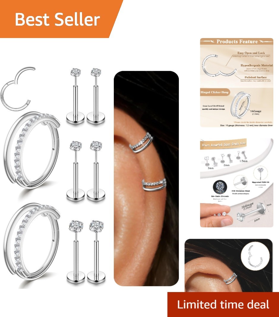 Surgical Stainless Steel Cartilage Hoops with Sparkling CZ – Unisex Jewelry Set