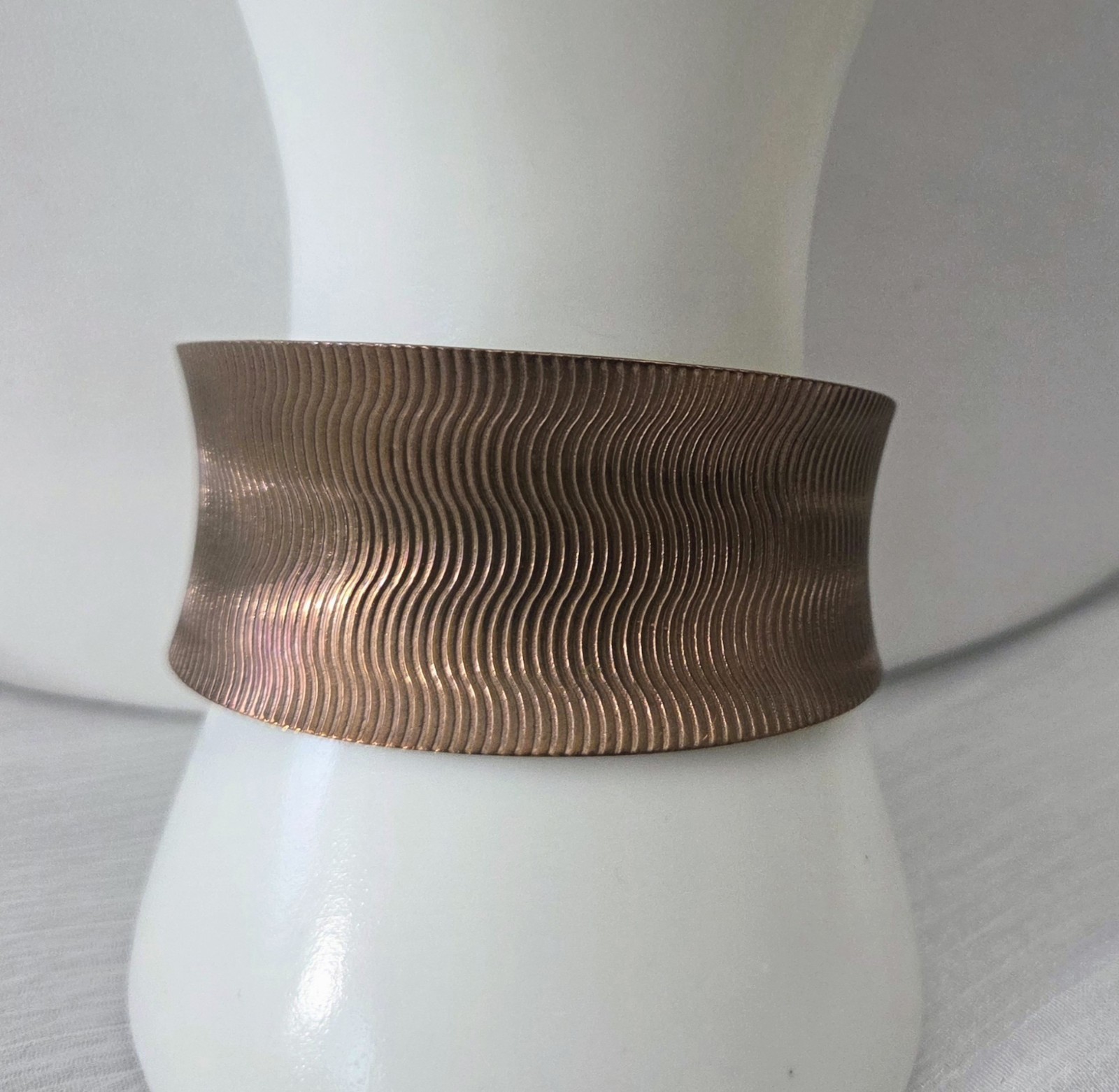 Vintage Wide Band Convex Cuff Bracelet Ribbed Copper Artisan Metal Handmade