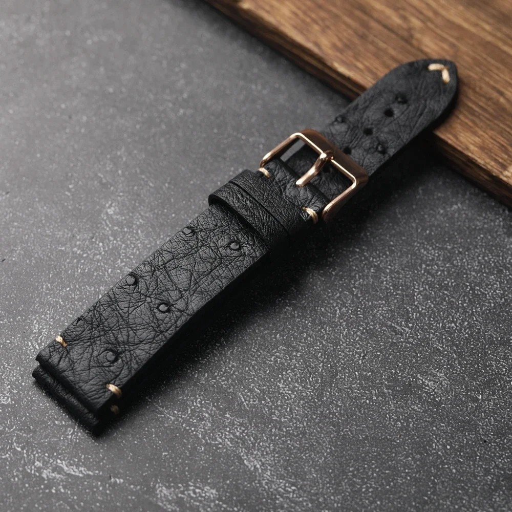 Handmade Ultra-Thin Ostrich Leather Watch Band 18-22mm Black Men’s Vintage Soft