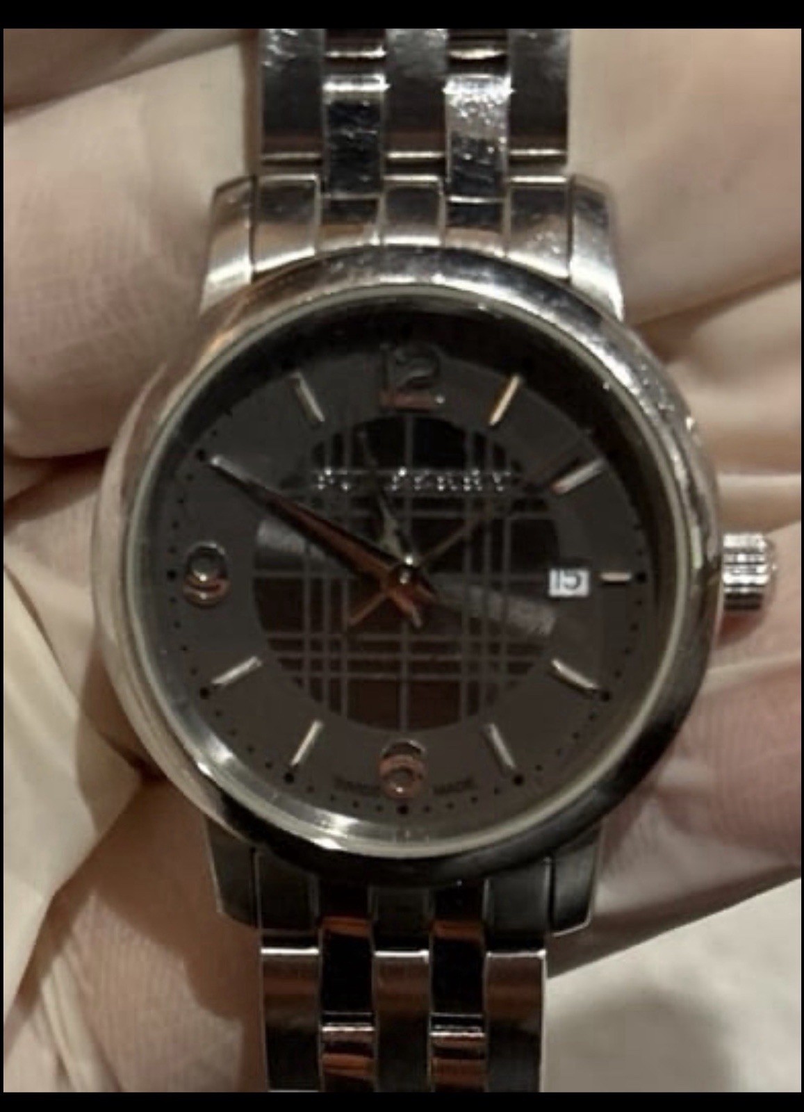 Burberry Women’s Swiss Made Check Dial Watch Stainless Steel Bracelet Date