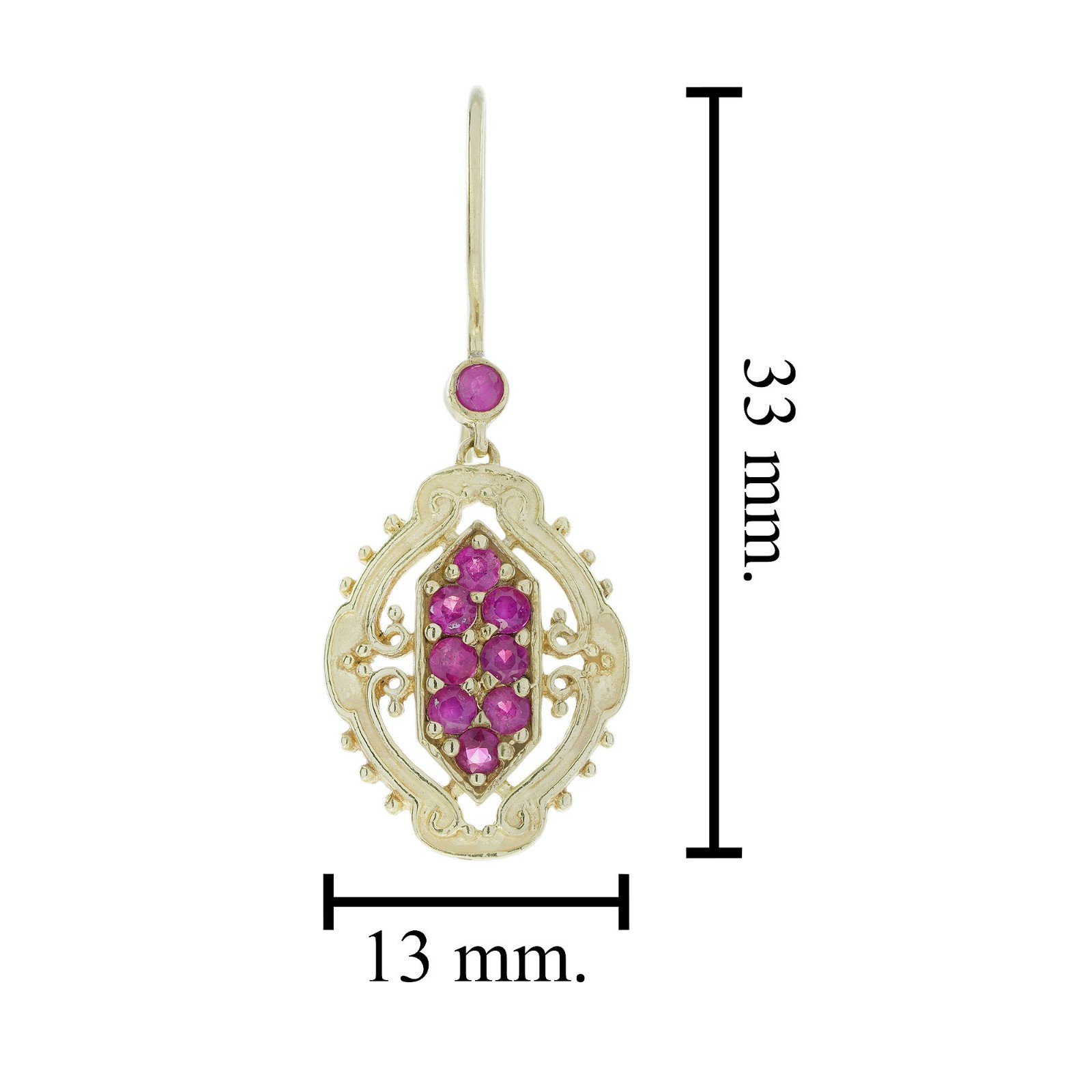 9K Gold Natural Ruby Cluster Vintage Style Drop Earrings
