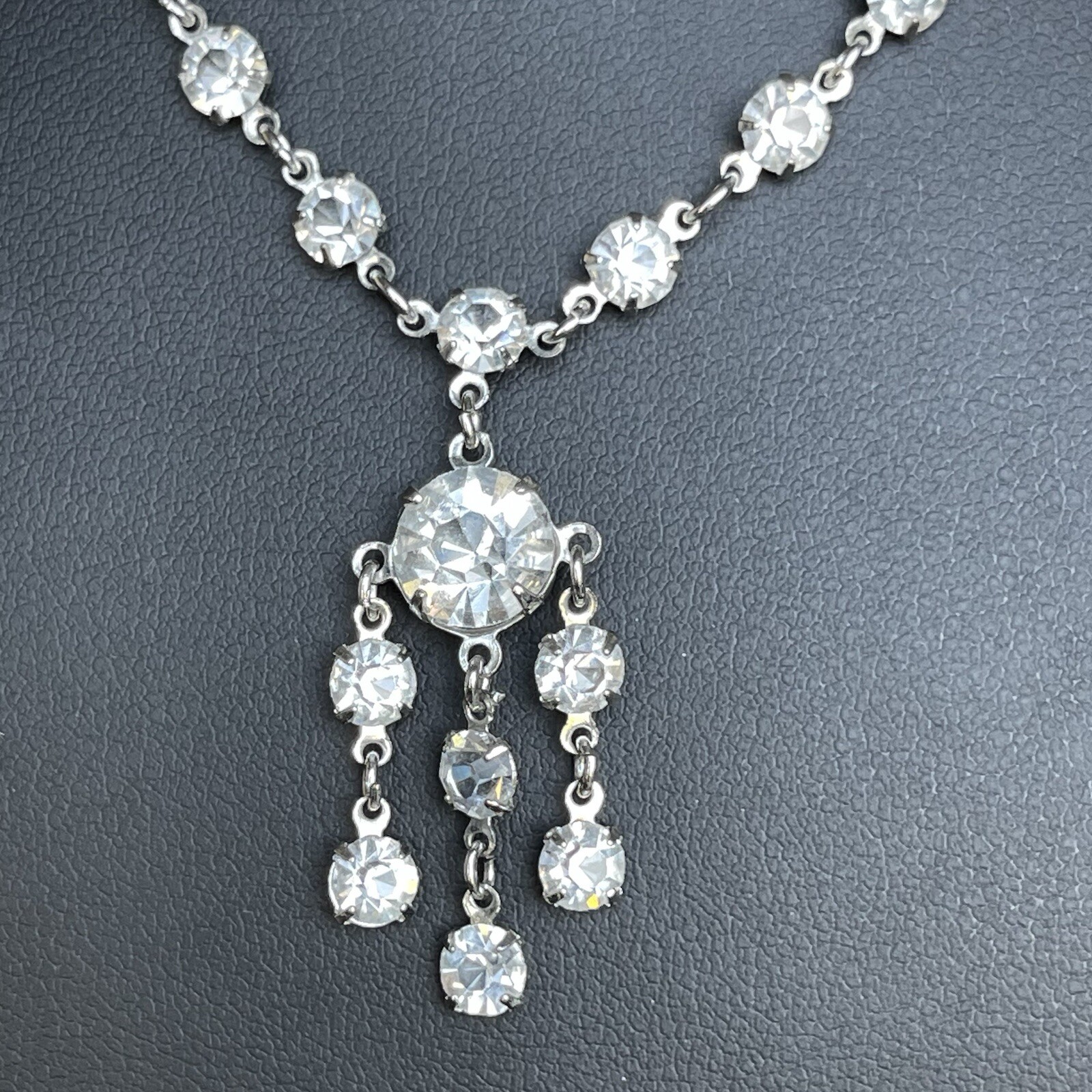 Vintage Round Open Back Glass Crystal Necklace Bezel Set Drop Dangles 15” Length