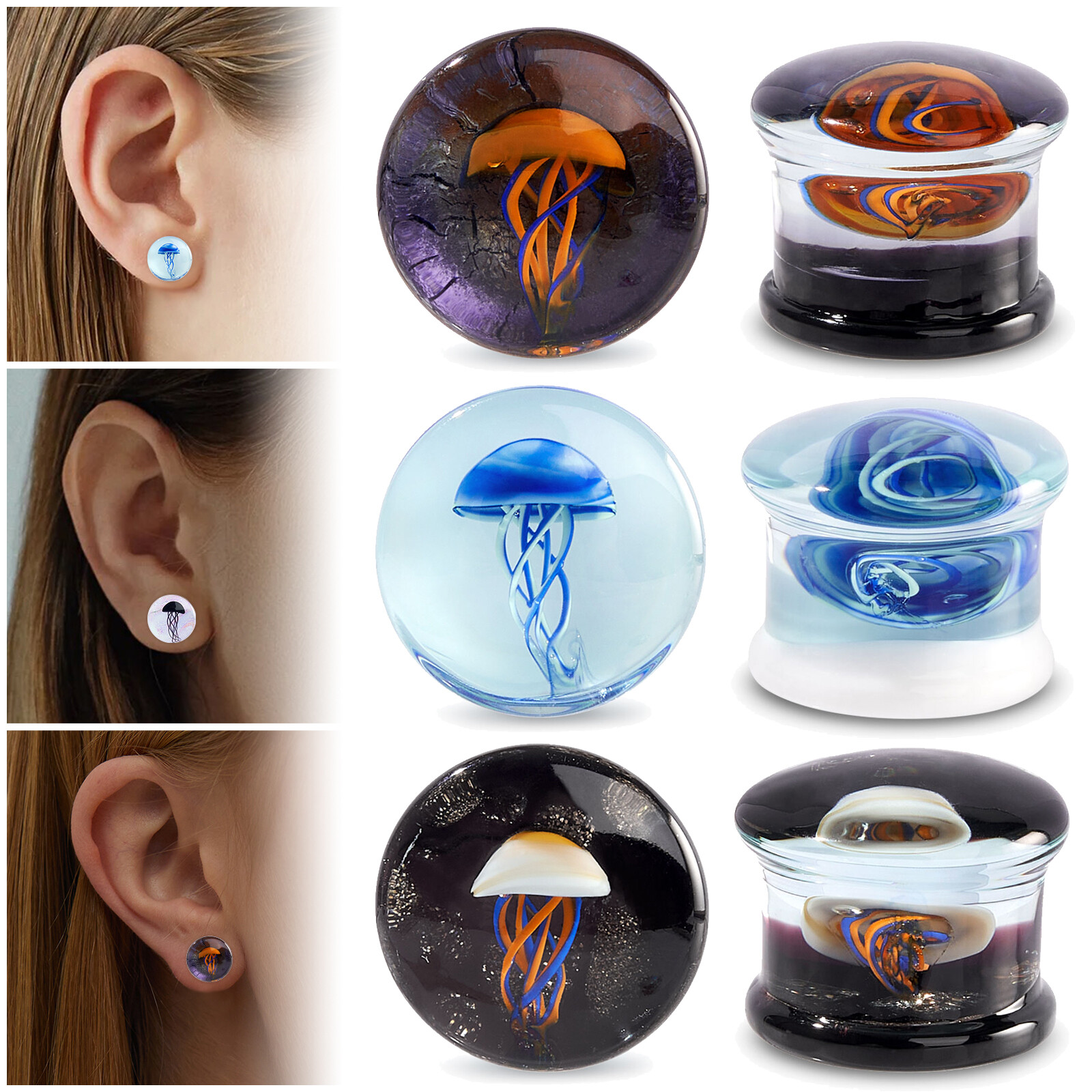 Pyrex Glass Jellyfish Single Flare Ear Gauges Colorful Tunnels Body Jewelry Pair