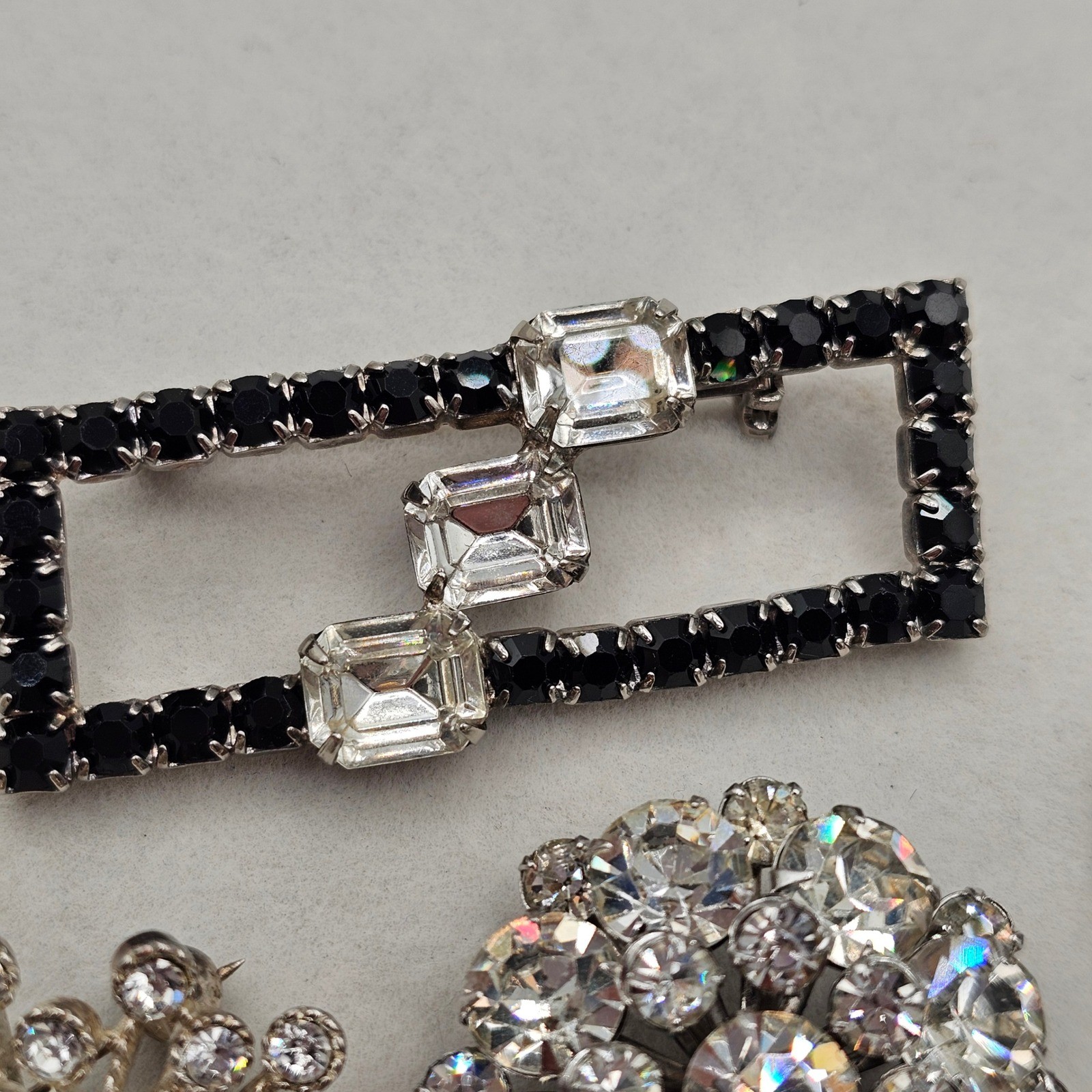 Clear & Black Rhinestone Brooch Lot 5pc Silver Tone Mixed Styles Formal Pins