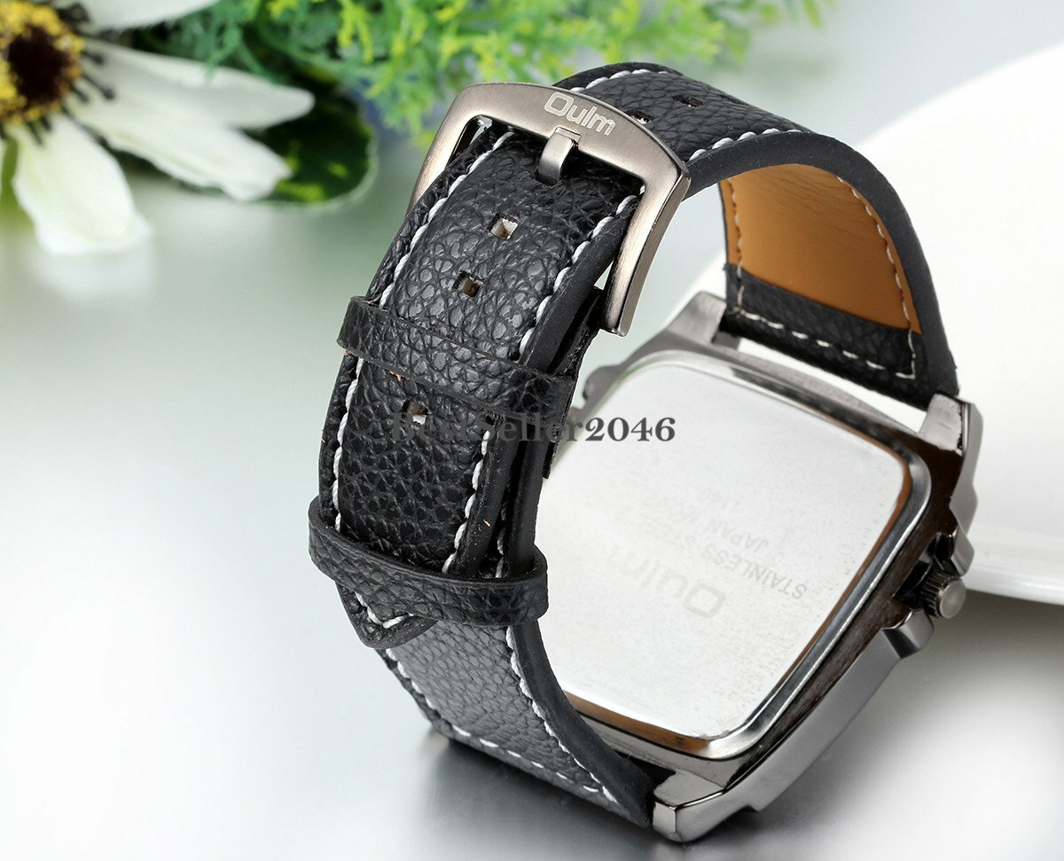 Military Army Dual Time Zone Black Leather Band Mens Analog Quartz Wrist Watch