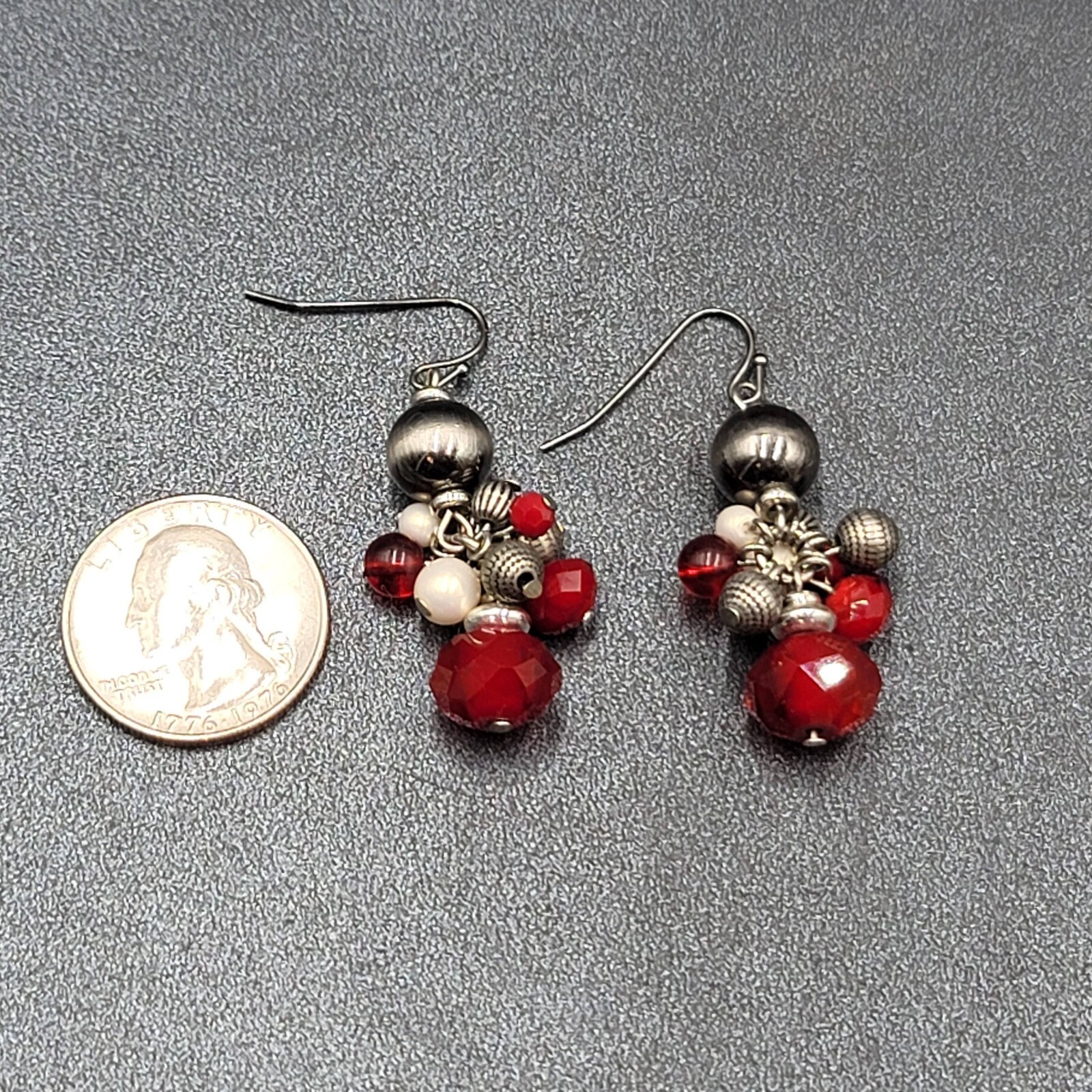 Pierced Earrings Silver tone Red Gray White Black Bead Dangle 1.5″